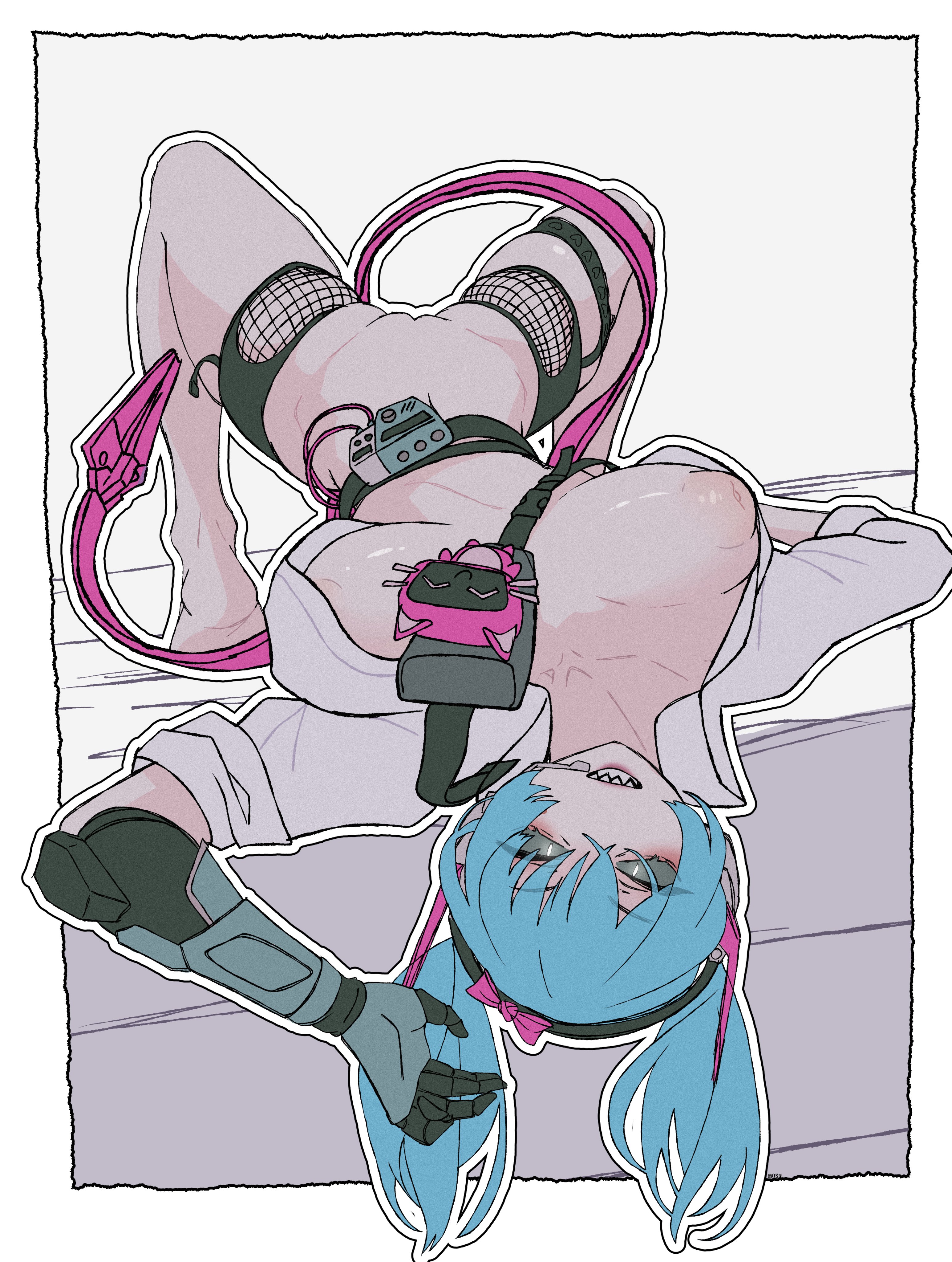 alter (apex legends), apex legends, big breasts, black sclera, blue hair, bow, breasts, female, female only, mostly nude, pointy teeth, teeth, ueda8039