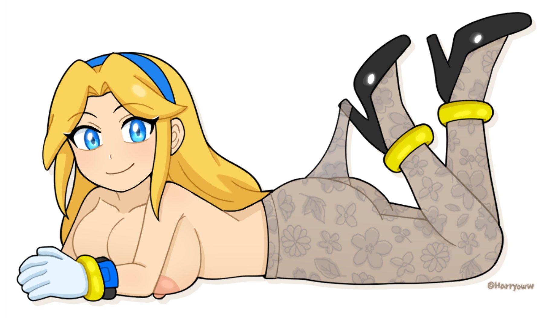 1girls, aged up, artist name, big breasts, blonde female, blonde hair, blue eyes, breasts, female, hairband, harryoww, high heels, highres, lace pantyhose hooked on heel (meme), light skin, light-skinned female, maria robotnik, panty pull, pantyhose, sonic (series), sonic the hedgehog (series), topless, topless female