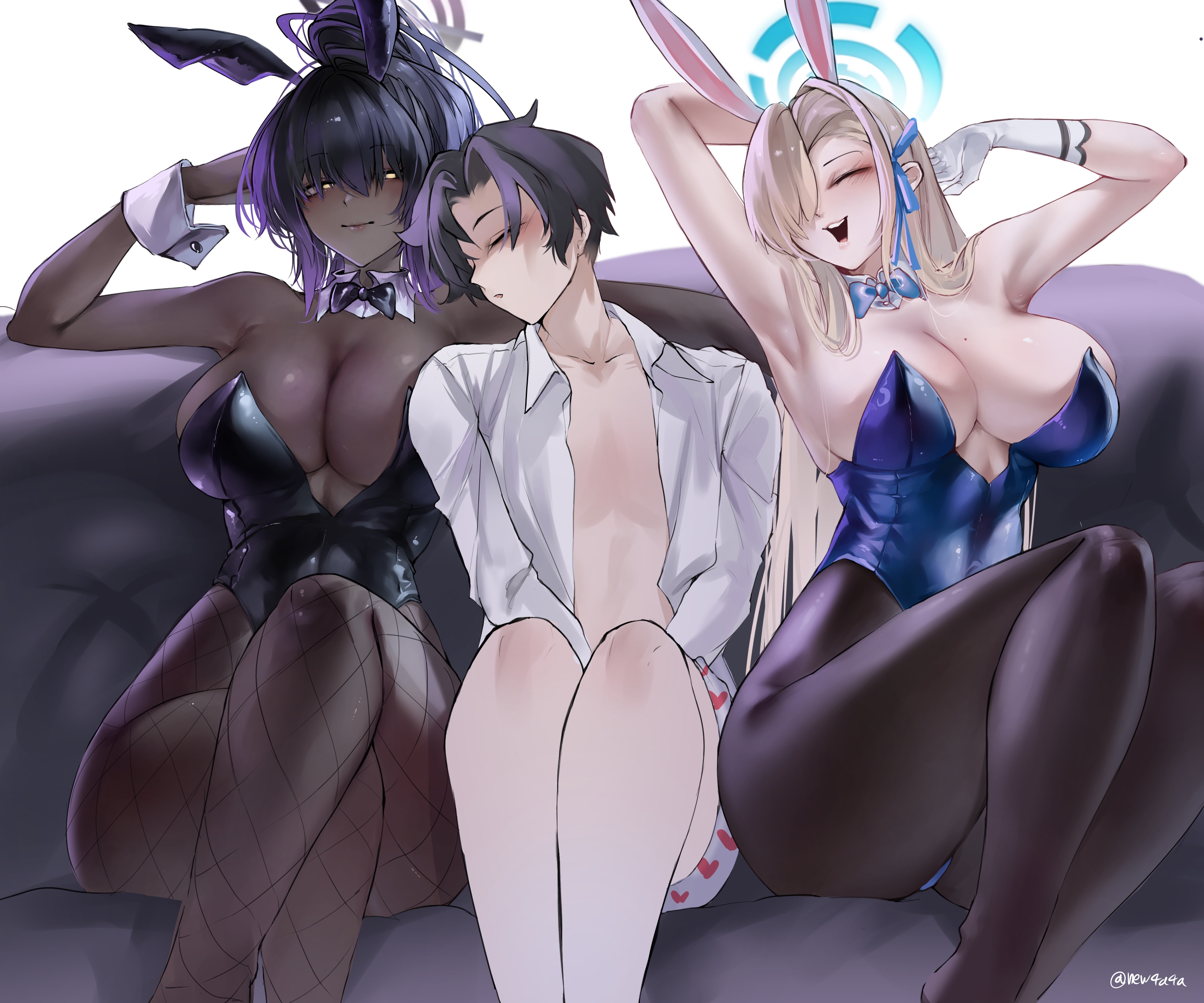 1boy, 2girls, absurdres, amtv8428, armpits, asuna (blue archive), asuna (bunny) (blue archive), black bow, black bowtie, black bunny ears, black hair, black leotard, blonde hair, blue archive, blue archive the animation, blue bow, blue bowtie, blue bunnysuit, blue halo, blue leotard, blush, bow, bowtie, breasts, bunny ears, bunny tail, bunnysuit, chocolate and vanilla, cleaning & clearing (blue archive), cleavage, closed eyes, crossed legs, cuffs (clothing), dark skin, dark-skinned female, detached collar, fake animal ears, fake rabbit ears, female, fishnets, gloves, gradient hair, hair between eyes, hair over one eye, halo, highleg, highleg leotard, highres, huge breasts, karin (blue archive), karin (bunny) (blue archive), large breasts, leotard, light skin, light-skinned female, light-skinned male, long hair, long-haired female, looking to the side, male, millennium science school student, mole, mole on breast, multicolored hair, multiple females, multiple girls, open clothes, open mouth, open shirt, pantyhose, parted lips, purple hair, purple halo, sensei (blue archive the animation), sensei (blue archive), shirt, short hair, shorts, sitting, smile, strapless, strapless leotard, thighs, two-tone hair, very long hair, voluptuous, voluptuous female, white gloves, white shirt, white shorts, wrist cuffs, yellow eyes