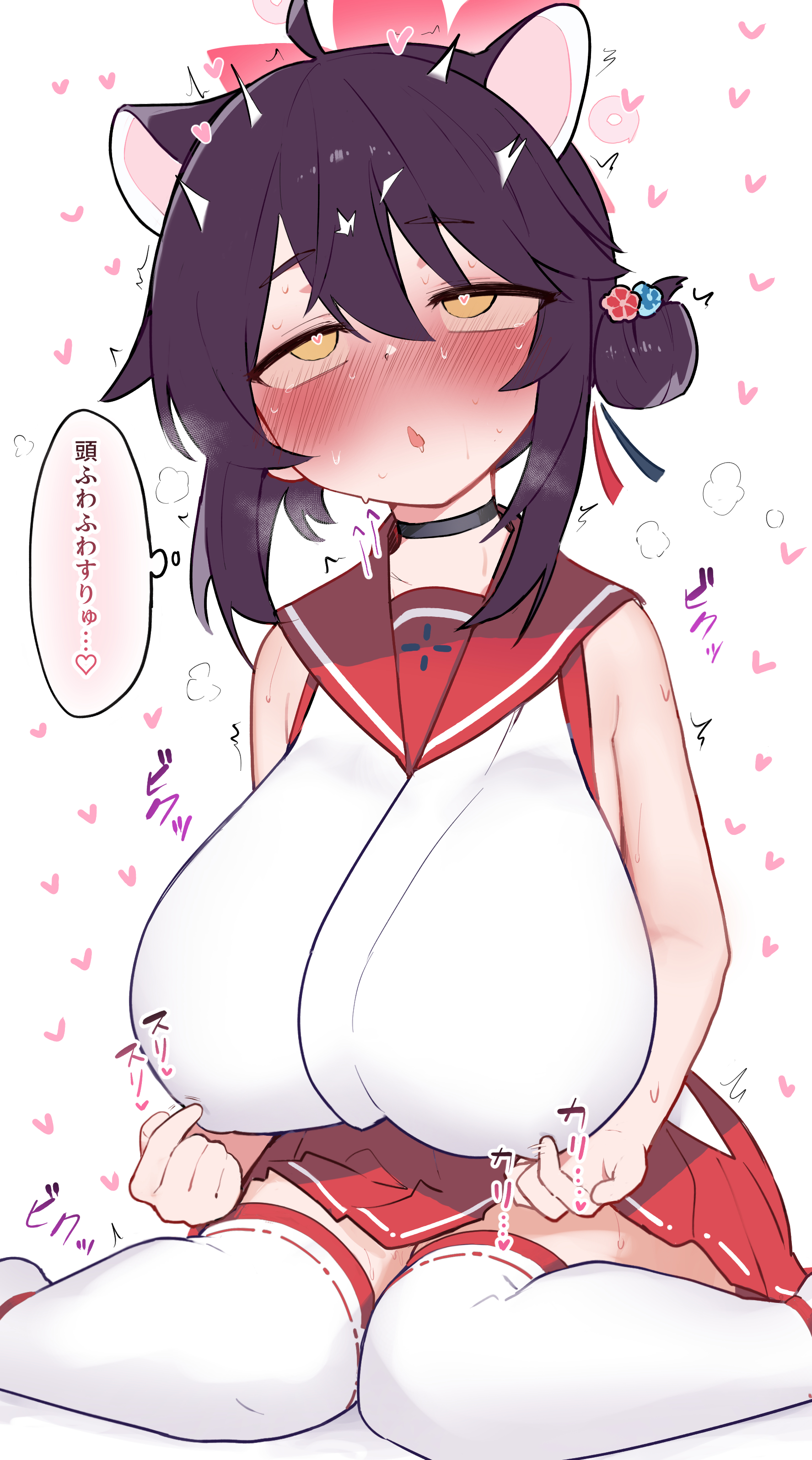 absurdres, ahoge, animal ears, bare shoulders, black choker, black hair, blue archive, blush, breasts, choker, covered erect nipples, facing viewer, female, female masturbation, hair between eyes, hair bun, halo, heart, heart-shaped pupils, highres, huge breasts, kaede (blue archive), masturbation, motsuniku1, nipple stimulation, nipple tweak, nipple tweak through clothes, open mouth, red halo, red sailor collar, rolling eyes, sailor collar, simple background, sitting, solo, symbol-shaped pupils, thighhighs, translated, tweaking own nipple, wariza, white background, white thighhighs, yellow eyes