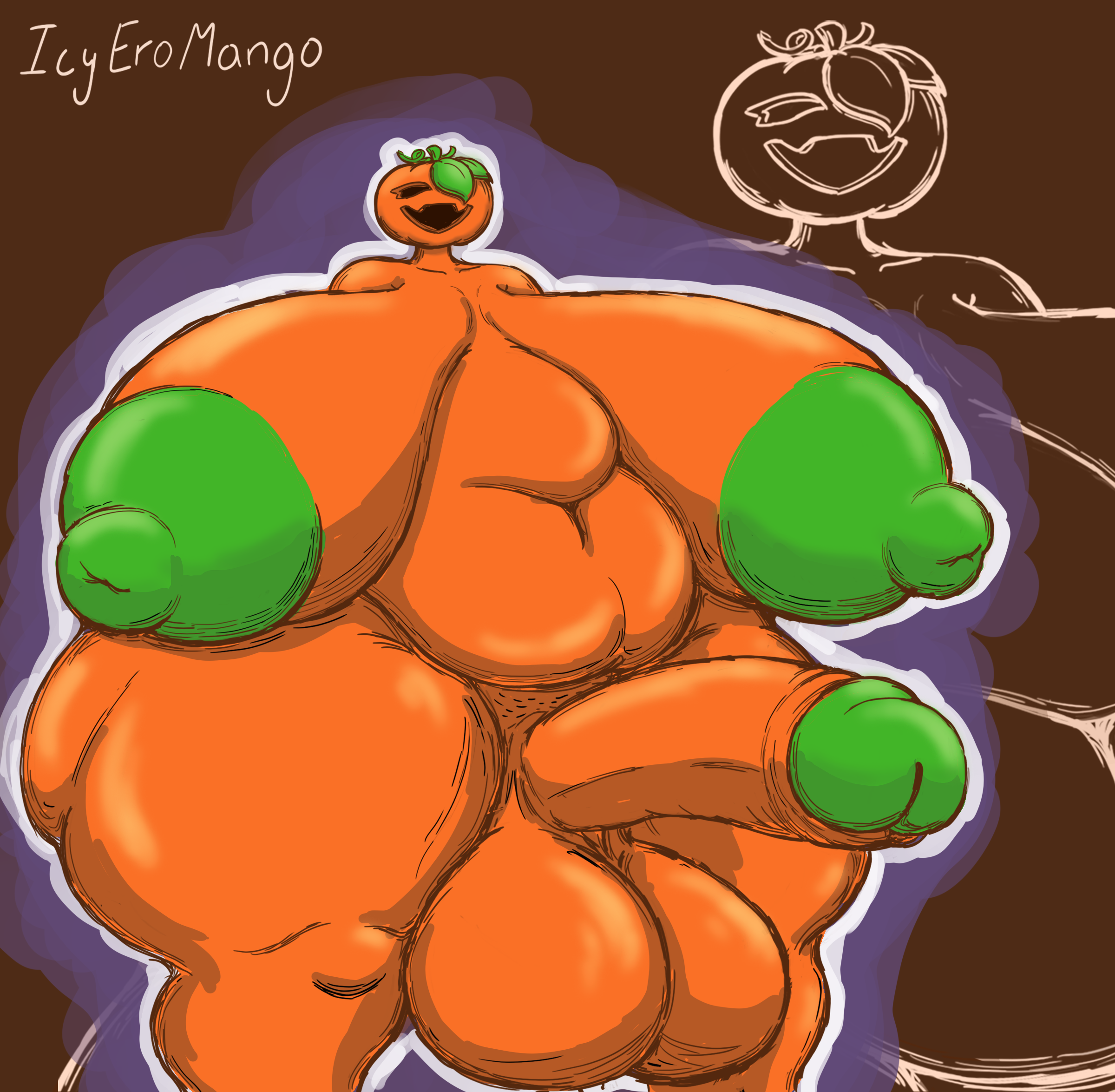 1futa, areola, areolae, ass, balls, balls bigger than head, big ass, big breasts, big butt, bottom heavy, breasts, breasts bigger than head, child bearing hips, chubby, chubby female, curvy, curvy female, fat ass, fat butt, female, fruit, fruit humanoid, futanari, gigantic breasts, green hair, halloween, halloween pumpkin, huge breasts, huge cock, huge nipples, icyeromango, intersex, large, large breasts, large thighs, mango, massive ass, milf, mommy, nipples, orange body, orange skin, overweight, overweight female, penis, penis bigger than head, plump, pubic hair, puffy areola, puffy nipples, pumpkin, pumpkin girl, pumpkin head, sagging balls, sagging breasts, saggy balls, saggy breasts, skindentation, smile, solo, solo female, standing, thick, thick thighs, thighhighs, thighs, venus body, voluptuous, voluptuous female, white body, white skin