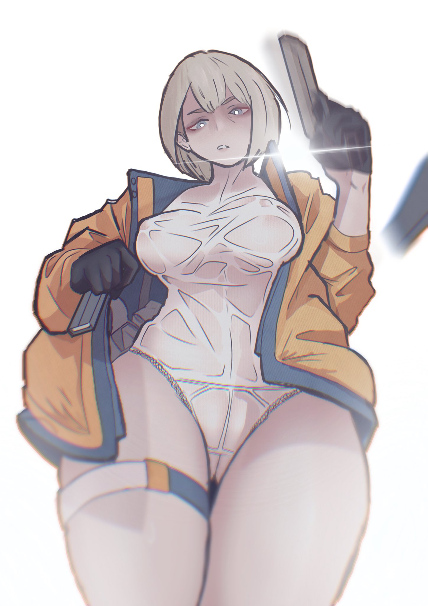 1girls, apex legends, big breasts, blonde hair, breasts, female, female only, gun, navel, see-through, short hair, thick thighs, ueda8039, wattson (apex legends), wet clothes