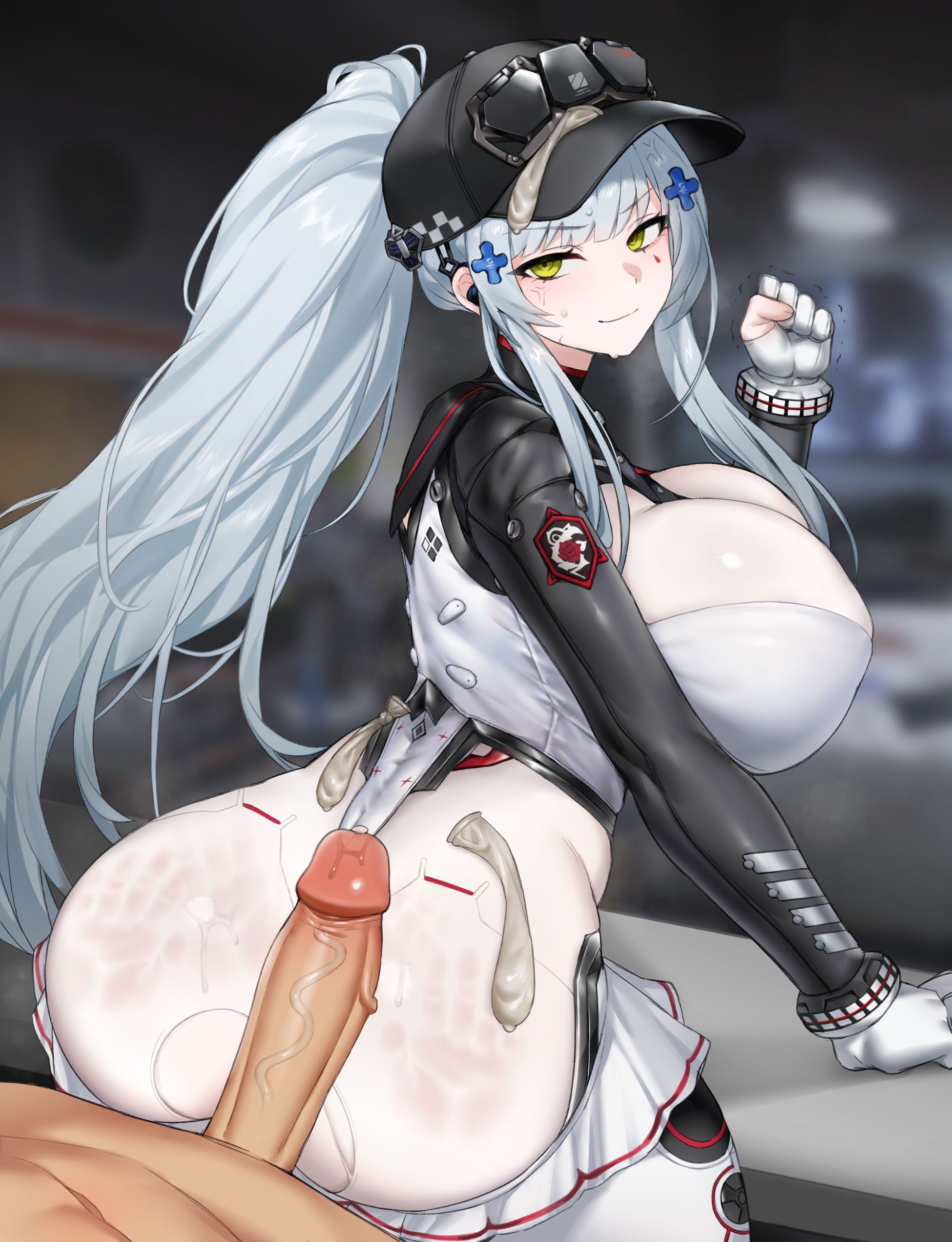 angry, big breasts, blue eyes, breasts, condom, cum, eress, female, fists clenched, girls' frontline, girls' frontline 2: exilium, green eyes, hk416 (girls' frontline), klukai (girls' frontline 2), klukai (speed star) (girls' frontline 2), large breasts, motorcycle, used condom, used condoms