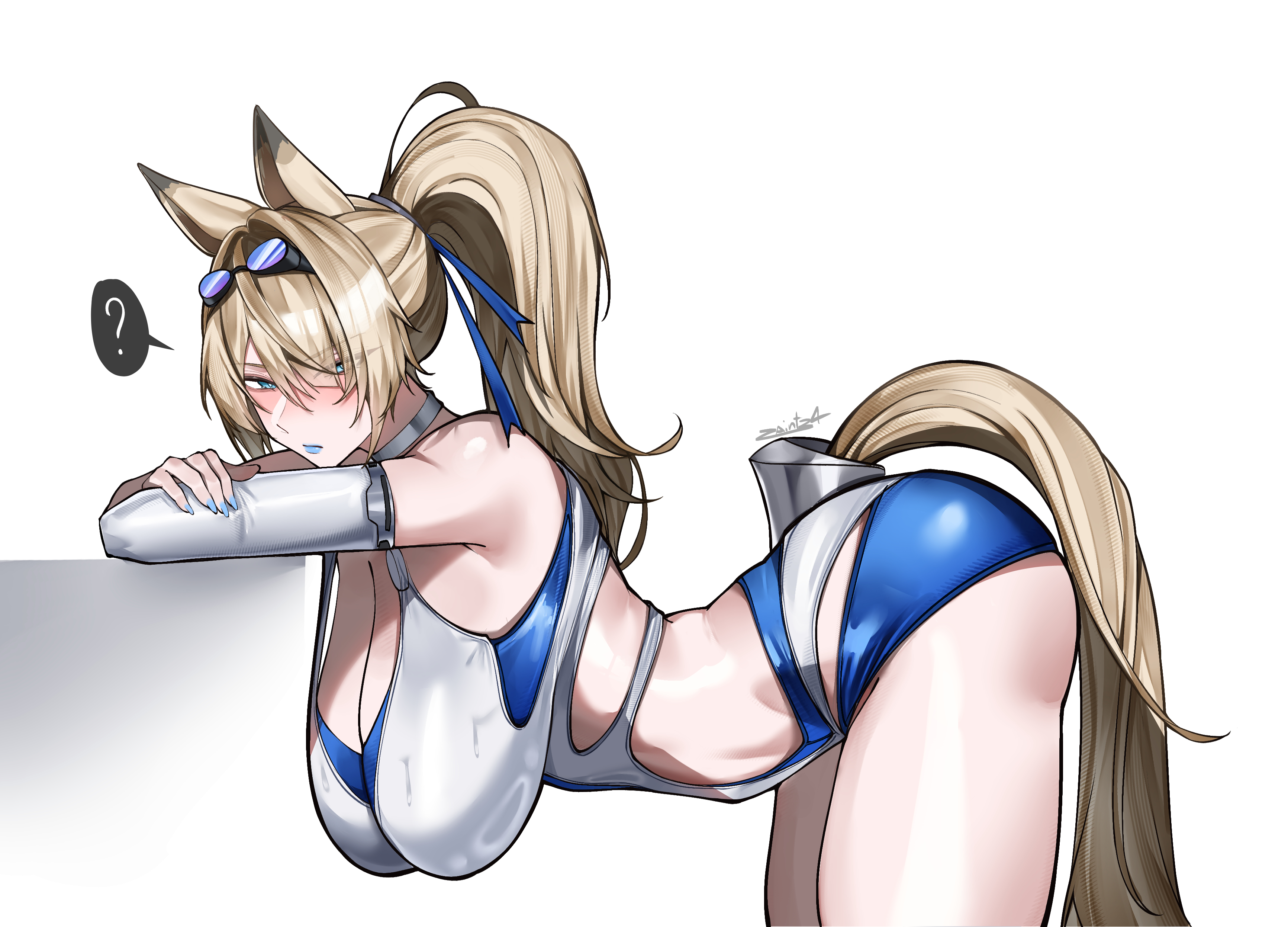 ?, 1girl, absurdres, animal ear fluff, animal ears, bent over, blonde hair, blue eyes, blue lips, blue nails, blue one-piece swimsuit, breasts, colored nails, commentary, from side, goggles, goggles on head, hair over one eye, high ponytail, highres, horse ears, horse girl, horse tail, large breasts, long hair, looking at viewer, official alternate costume, one-piece swimsuit, painted nails, ponytail, sigrid (zenless zone zero), sigrid de l'azur, sigrid de l'azur (majestic wavechaser), solo, spoken question mark, swimsuit, tail, two-tone one-piece swimsuit, white background, white one-piece swimsuit, zaint (zaintz4), zaintz4, zenless zone zero