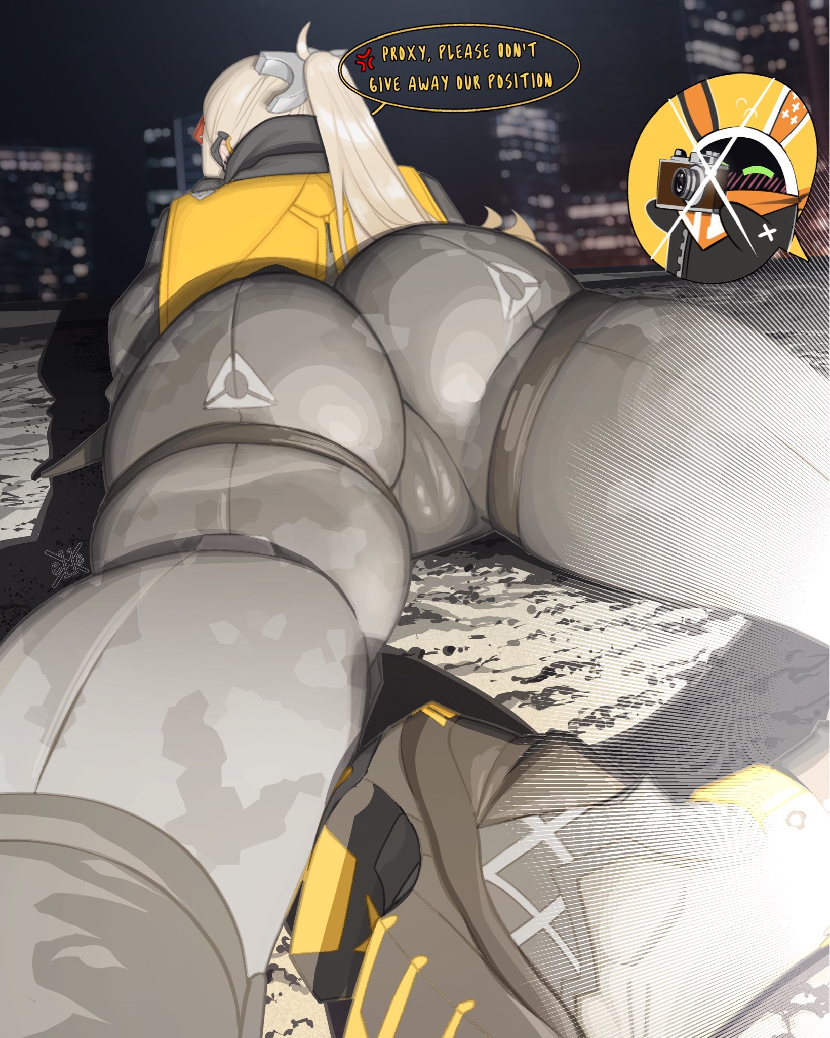 1girl, ass, ass focus, bangboo (zenless zone zero), blush, building, cameltoe, camera, camouflage, camouflage jacket, camouflage pants, commentary, duplicate, english commentary, english text, eous (zenless zone zero), high ponytail, highres, holding, holding camera, jacket, long hair, lying, on stomach, pants, ponytail, skyscraper, speech bubble, tight clothes, tight pants, trigger (zenless zone zero), very long hair, x e11e, zenless zone zero