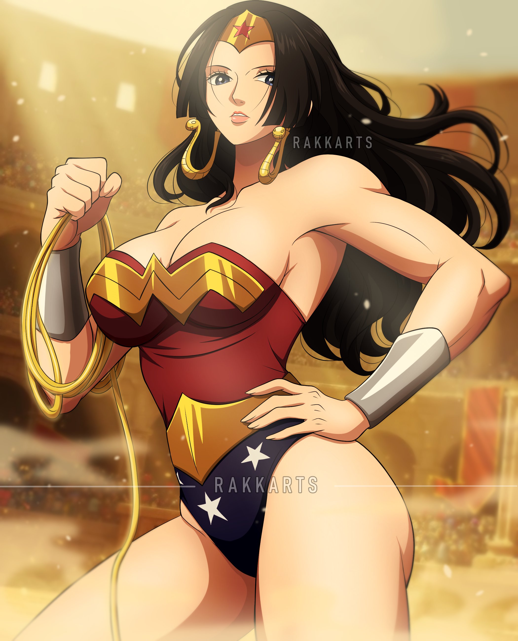 1girls, armwear, artist name, big breasts, black eyes, black hair, black-haired female, boa hancock, breasts, cleavage, cosplay, costume, dc, dc comics, ear piercing, earrings, female, female only, hair, hand on hip, headwear, holding object, holding weapon, lasso, lasso of truth, lips, one piece, rakara11, red leotard, solo, solo female, superhero costume, superheroine, thighs, tiara, weapon, wonder woman (cosplay), wonder woman (series)