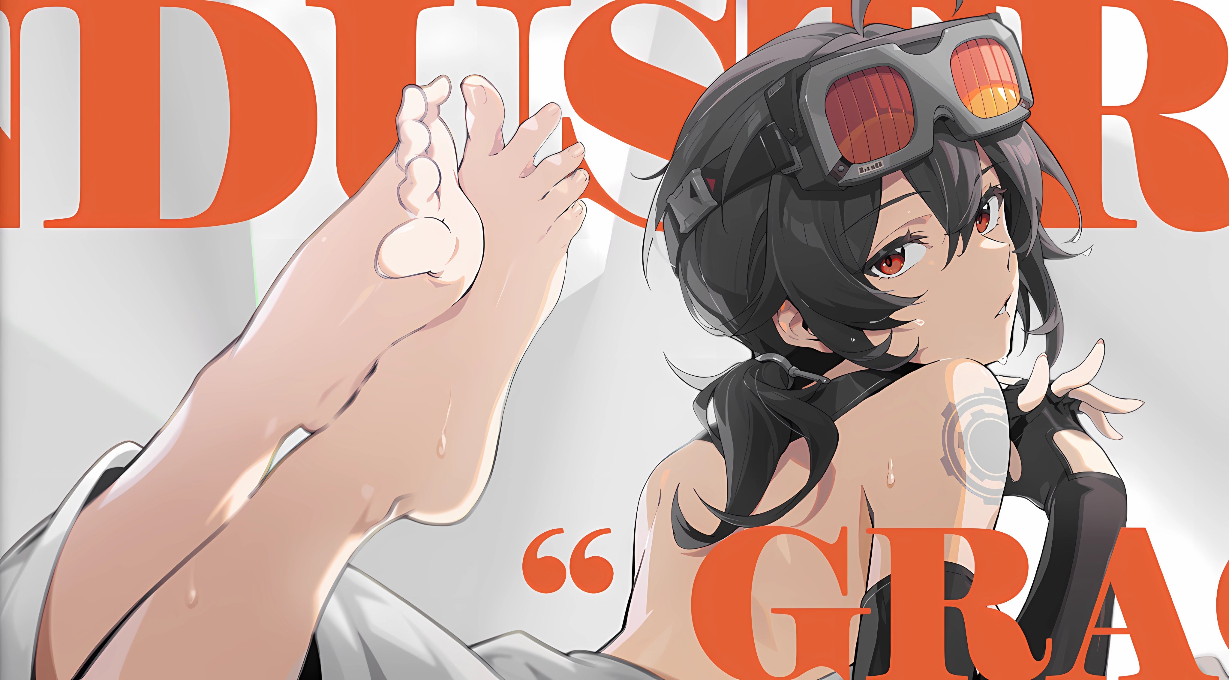 1girl, barefoot, black hair, feet, feet focus, feet together, feet up, fingerless gloves, goggles, goggles on head, grace howard, hoyoverse, looking at viewer, official art, partially clothed, partially clothed female, ponytail, pouting, presenting feet, simple background, sweat, sweatdrop, sweating, sweaty, tattoo, toes, toes spread, zenless zone zero