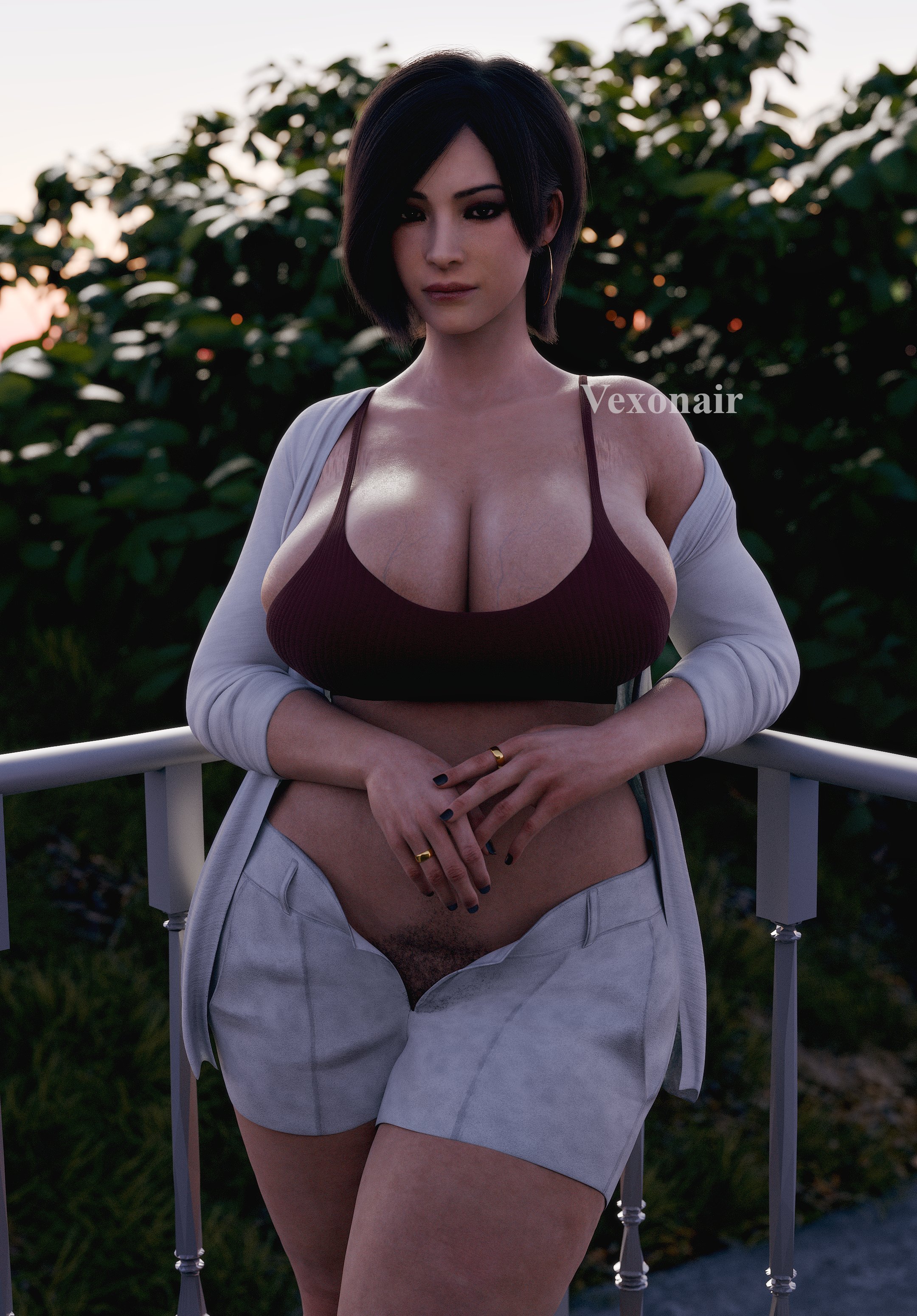 1girls, 3d, 3d (artwork), ada wong, ada wong (adriana), asian, asian female, beautiful woman, big boobs, big breasts, black hair, black hair female, boobs, breasts, capcom, chinese, chinese female, female, female focus, female only, human, human only, large boobs, large breasts, leaning to the side, light skin, light-skinned female, mature, mature female, mature woman, no underwear, resident evil, resident evil 2, resident evil 2 remake, resident evil 4, resident evil 4 remake, ring, rings, shorts, solo, solo female, solo focus, vexonair