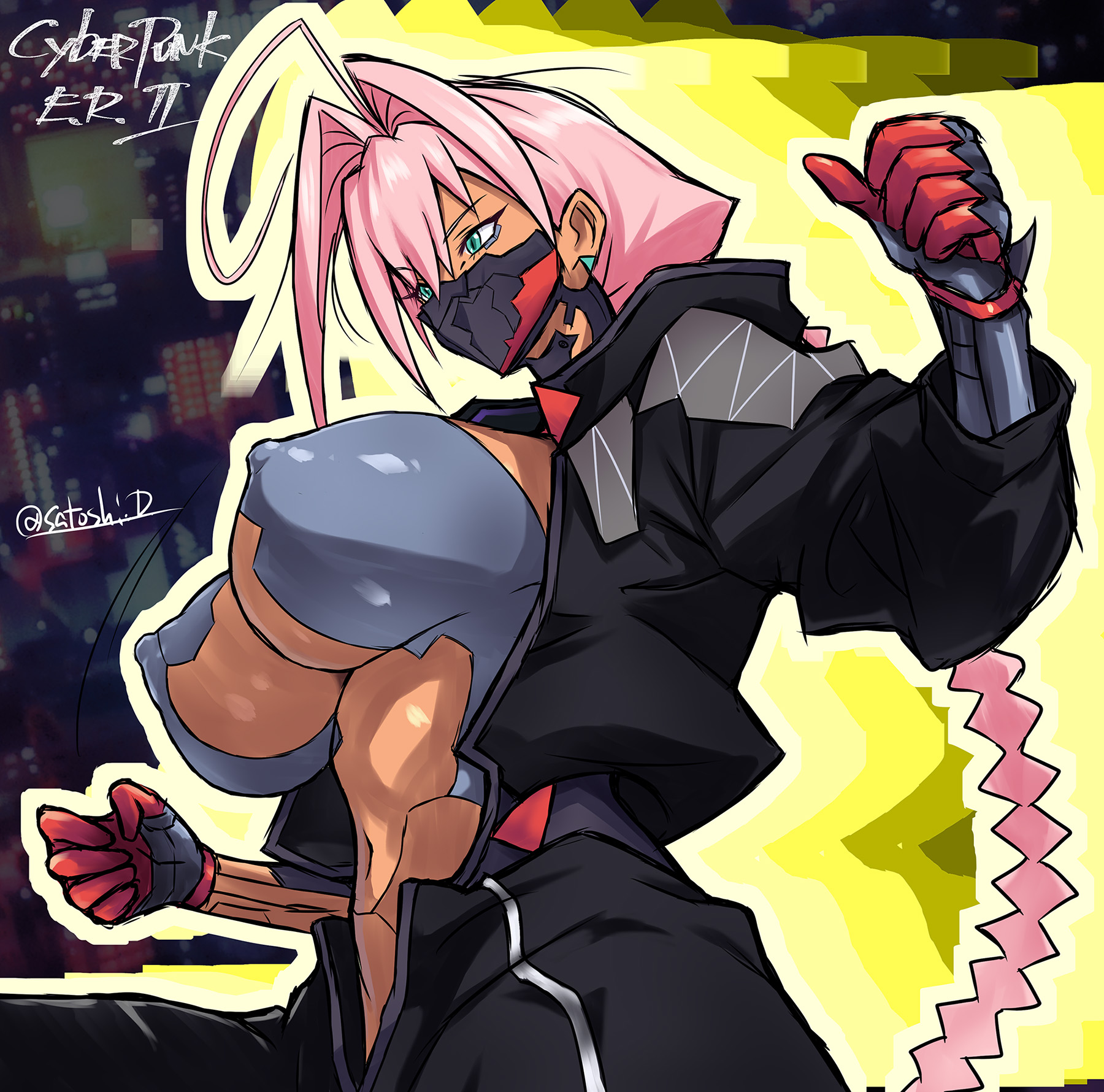 1girl, 1girls, 2026, ahoge, alternate breast size, artist name, bangs, big breasts, black clothing, braided hair, cyberpunk (series), cyberpunk: edgerunners, cyborg, dark skin, face mask, facemask, faceplate, fanart, female, green eyes, hair vents, half-length portrait, jumpsuit, long hair, mask, mouthplate, nipple bulge, open clothes, pink hair, satoshi donald, shaded, side view, solo, studio trigger, talia yang, underboob, unzipped jumpsuit