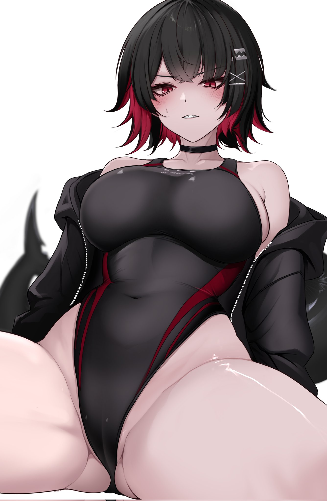 1girl, alternate costume, ass visible through thighs, black choker, black hair, black jacket, black one-piece swimsuit, blush, breasts, cameltoe, choker, clenched teeth, commentary, competition swimsuit, covered navel, cowboy shot, ellen joe, embarrassed, fins, fish tail, hair ornament, hairclip, highleg, highleg one-piece swimsuit, highres, jacket, large breasts, looking at viewer, multicolored hair, myb52, off shoulder, one-piece swimsuit, open clothes, open jacket, parted lips, razor blade hair ornament, red eyes, red hair, shark girl, shark tail, sharp teeth, short hair, simple background, sitting, solo, spread legs, sweatdrop, swimsuit, tail, teeth, thick thighs, thighs, two-tone hair, untranslatable commentary, v-shaped eyebrows, white background, x hair ornament, zenless zone zero