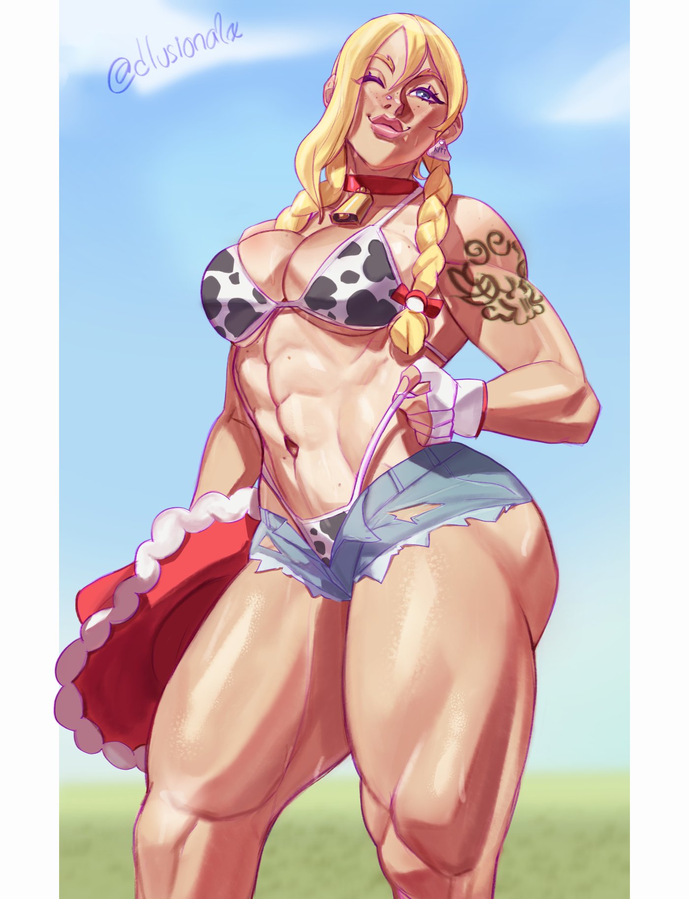 1girls, abs, alternate version available, big breasts, bikini, bikini bottom, bikini top, blonde hair, blue shorts, bottomwear, braid, braided hair, breasts, cleavage, collar, cow print, cow print bikini, cowbell, cowboy hat, dlusional, ear piercing, earrings, female, female only, gloves, hair, handwear, hat removed, hips, kitt (pokemon), lips, neckwear, one eye closed, pokemon, pokemon champions, rucola (pokemon), short shorts, shorts, smile, solo, solo female, swimwear, thick lips, thick thighs, thighs, topwear, wide hips