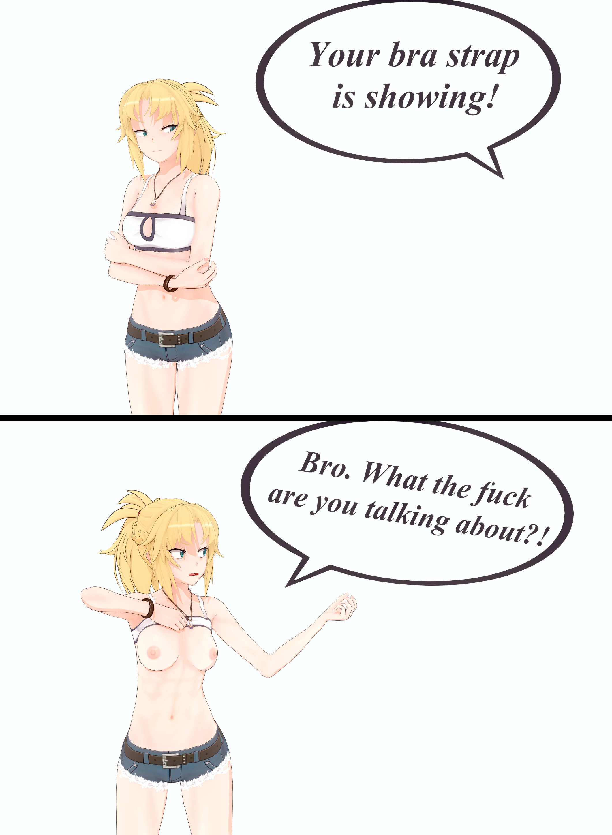 2koma, 3d, abs, blonde hair, bra strap is showing (meme), breasts, breasts out, comic, english text, fate (series), koikatsu, lifting shirt, medium breasts, meme, mordred (fate), mordredfans, showing breasts, tomboy
