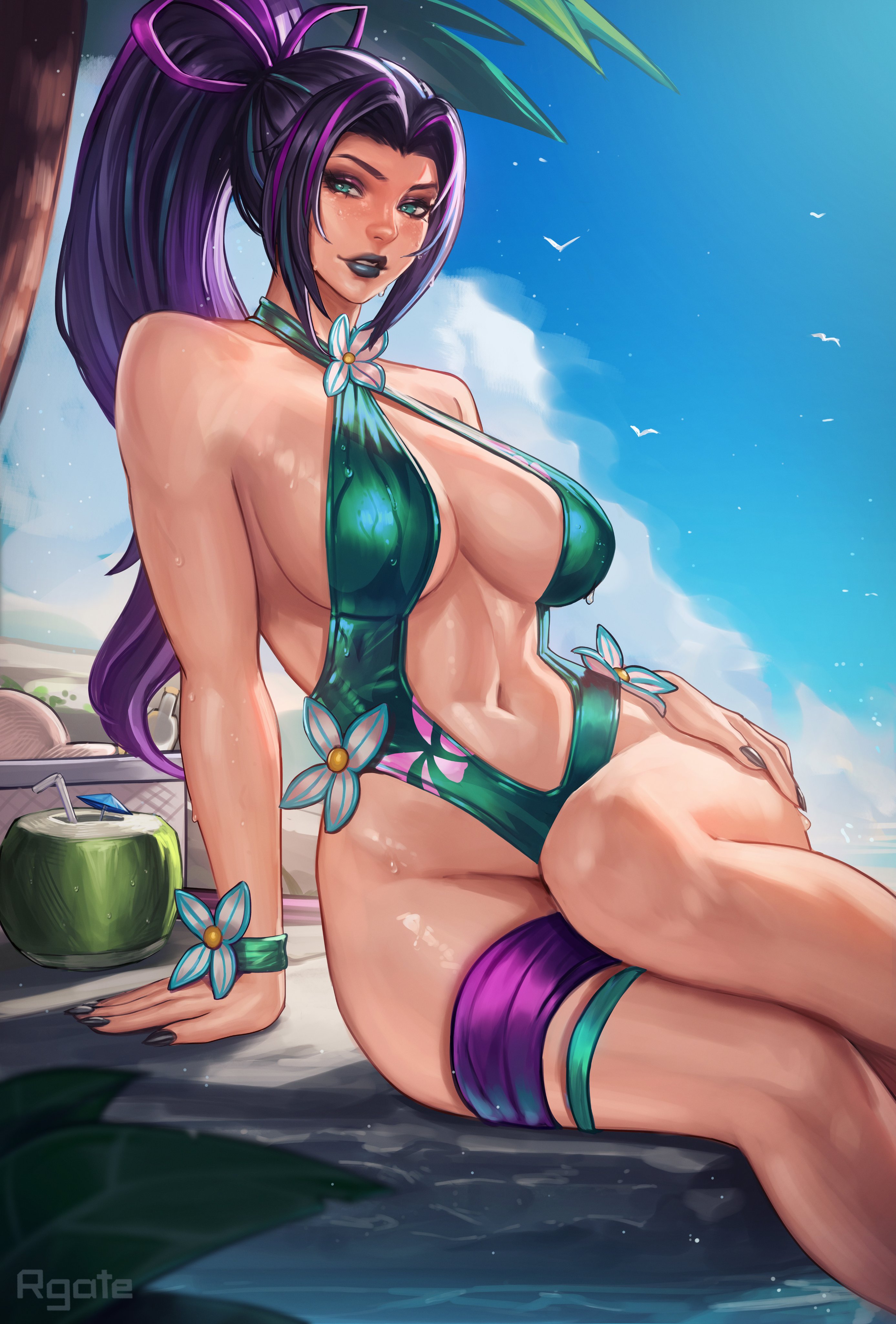 1girls, 2026, 2d, alluring, beach, big breasts, black lipstick, black nail polish, breasts, bursting breasts, clothed, cloud, coconut, coconut cup, cowboy shot, curvaceous, curvaceous body, curvaceous female, curvaceous figure, curvaceous hips, curvy, curvy body, curvy female, curvy figure, curvy hips, drinking straw, enticing, female, female torso, flower bracelet, fruit as cup, fully clothed, green eyes, hair ribbon, hand on ground, high resolution, highres, hips, hourglass figure, huge breasts, large breasts, looking at viewer, makeup, marvel, marvel comics, marvel rivals, massive breasts, multicolored hair, nail polish, navel, official alternate costume, palm leaf, palm tree, ponytail, psylocke, psylocke (marvel rivals), psylocke (sai) (breezy butterfly), purple hair, revealing clothes, rgate, ribbon, seaside, seducing, seductive, seductive look, seductive pose, sitting, skimpy, skimpy clothes, sky, smile, soaking feet, solo, swimsuit, swimwear, teasing, teasing viewer, temptation, tempting, tempting viewer, thick, thick breasts, thick hips, thick lips, thick thighs, tree, voluptuous, voluptuous female, water, wet, wet body, wet skin, wide hips, x-men