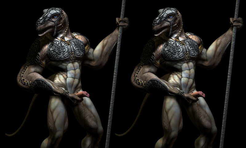 3d anthro armor black_background blue_eyes clothes cross_stereogram erection hand_on_penis holding_object holding_weapon looking_at_viewer male partially_clothed pecs penis presenting presenting_penis scalie sharp_teeth simple_background solo standing stereogram teeth unknown_artist weapon