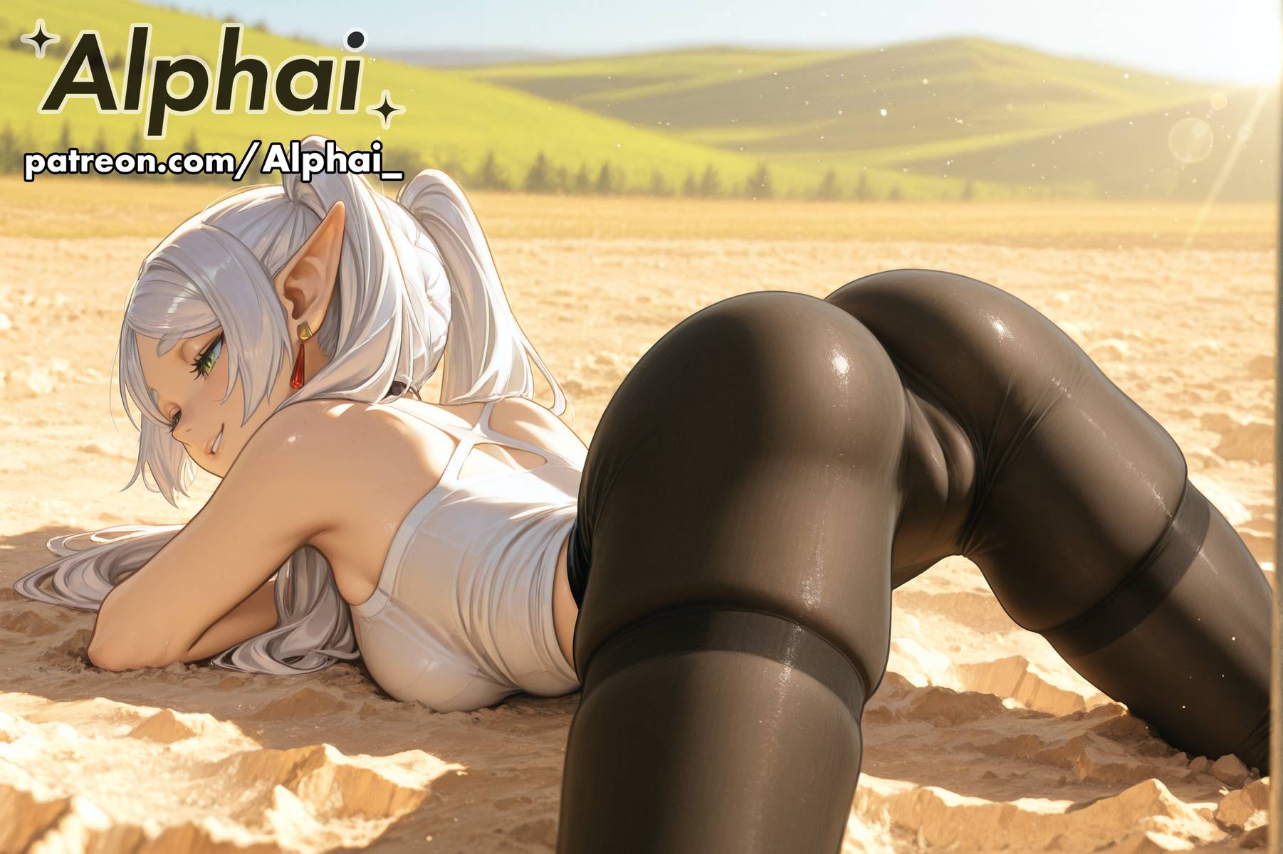 1girl, 2025, 2026, 4k, absurd res, absurdres, ai, ai art, ai assisted, ai generated, ai-created, ai-generated, alphai, ass, black pantyhose, black thighhighs, blushing, bows, camel toe, cinematic lighting, close-up, colorful background, covered breasts, depth of field, detailed hair, detailed skin, detailled background, dramatic shadows, elf, eyelashes, eyeliner, face down ass up, female, female face, female only, femsub, flat chest, frieren, frieren (sousou no frieren), frieren beyond journey's end, from above, green eyes, high quality, high resolution, highres, imminent sex, long hair, naughty face, original outfit, outdoors, particles, patreon, patreon link, patreon url, patreon username, petite, plains, pointed ears, presenting, presenting hindquarters, raised eyebrows, seductive eyes, semirealistic, short stature, skindentation, slender, small breasts, sousou no frieren, thin, twintails, volumetric lighting, watermark, white hair, yoga pose