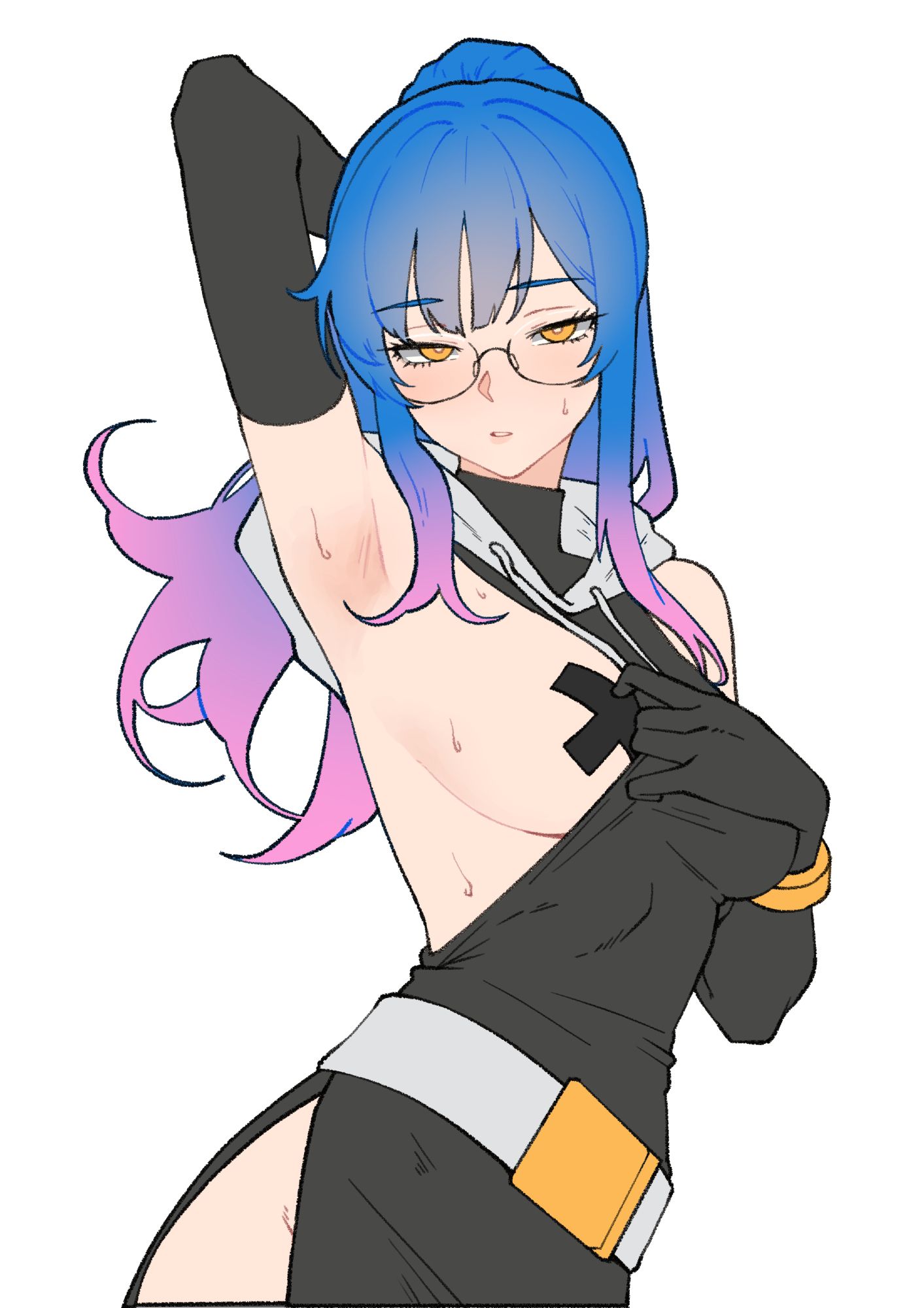 armpit fetish, armpit focus, armpits, belt, blue hair, boob, breast, covered nipples, dressed, glasses, gradient hair, kuso otoko, lifting arm, light skin, medium breasts, orange eyes, pink hair, ponytail, presenting armpit, showing armpits, sweatdrop, tagme (character), tagme (series), wakipai