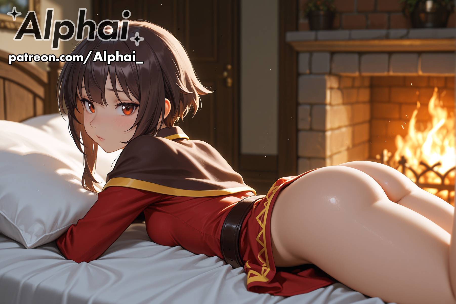 1girl, 2025, 2026, 4k, absurd res, absurdres, ai, ai art, ai assisted, ai generated, ai-created, ai-generated, alphai, anime, ass, bed, belt, blushing, breasts, brown hair, cape, capelet, cinematic lighting, close-up, colorful background, depth of field, detailed hair, detailed skin, detailled background, dramatic shadows, dress, eyelashes, eyeliner, female face, female only, fire, fireplace, from behind, high quality, high resolution, highres, indoors, kono subarashii sekai ni shukufuku wo!, konosuba, long sleeves, looking at viewer, looking back, lying, megumin, naughty face, no panties, on bed, on stomach, particles, patreon, patreon link, patreon url, patreon username, pillow, raised eyebrows, red dress, red eyes, seductive eyes, short hair, short hair with long locks, sidelocks, small breasts, solo, thighs, volumetric lighting, watermark