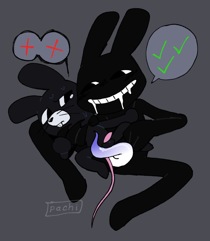 animal hospital, anomaly, anthro, anthro on anthro, anthro only, big penis, black body, black fur, cock, dick, drool, drooling, forcing on dick, imminent rape, pachi rizuu, penis, rabbit, rabbit ears, rat, rat tail, ratthew (animal hosptial), refusing sex, saying no, small penis, smiling, smiling at partner, sweating