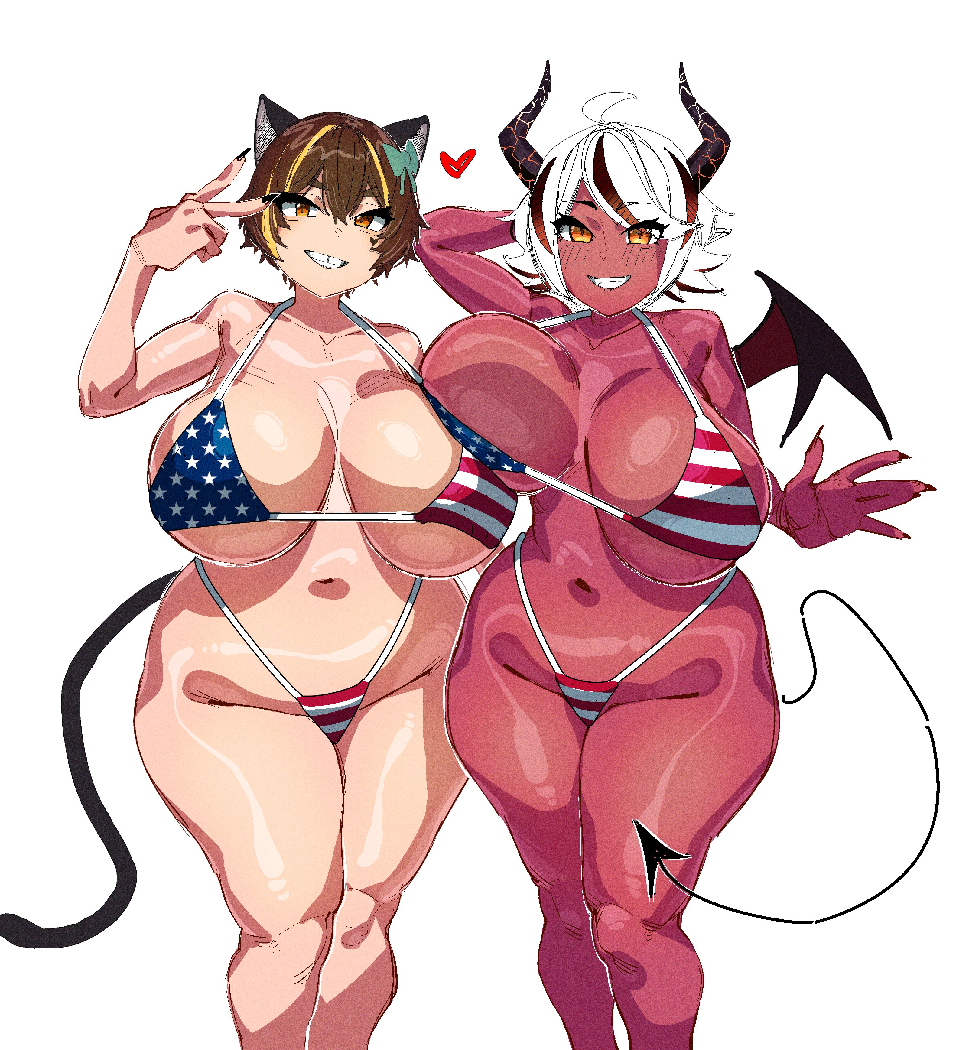 2girls, 3am, american flag bikini, animal ears, big breasts, bikini, breasts, brown hair, busty, callie calico (vtuber), demon, demon girl, female, female only, horns, huge breasts, imakuni, indie virtual youtuber, large breasts, looking at viewer, makinakid, red skin, swimsuit, tail, take your pick, thick thighs, thunder thighs, virtual youtuber, white hair, wide hips, wings