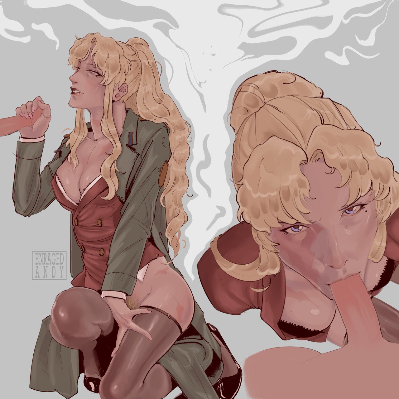 1boy, 1girls, balalaika, black lagoon, blonde hair, erection, fellatio, female, male, oral, oral sex, penis, scar, scarred, tagme (artist)