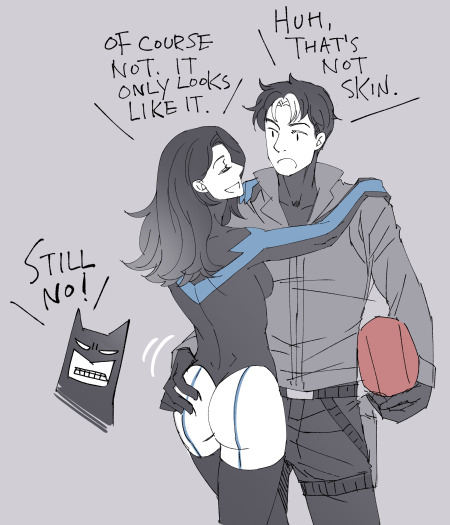 1boy 1girl ass ass_grab batcest batman batman_(bruce_wayne) batman_(series) bodysuit dc dc_comics dick_grayson disapproval english_text female genderswap_(mtf) hand_on_ass inseki jason_todd leotard male male/female nightwing pussy_graydaughter red_hood_(dc) rule_63 skin_tight