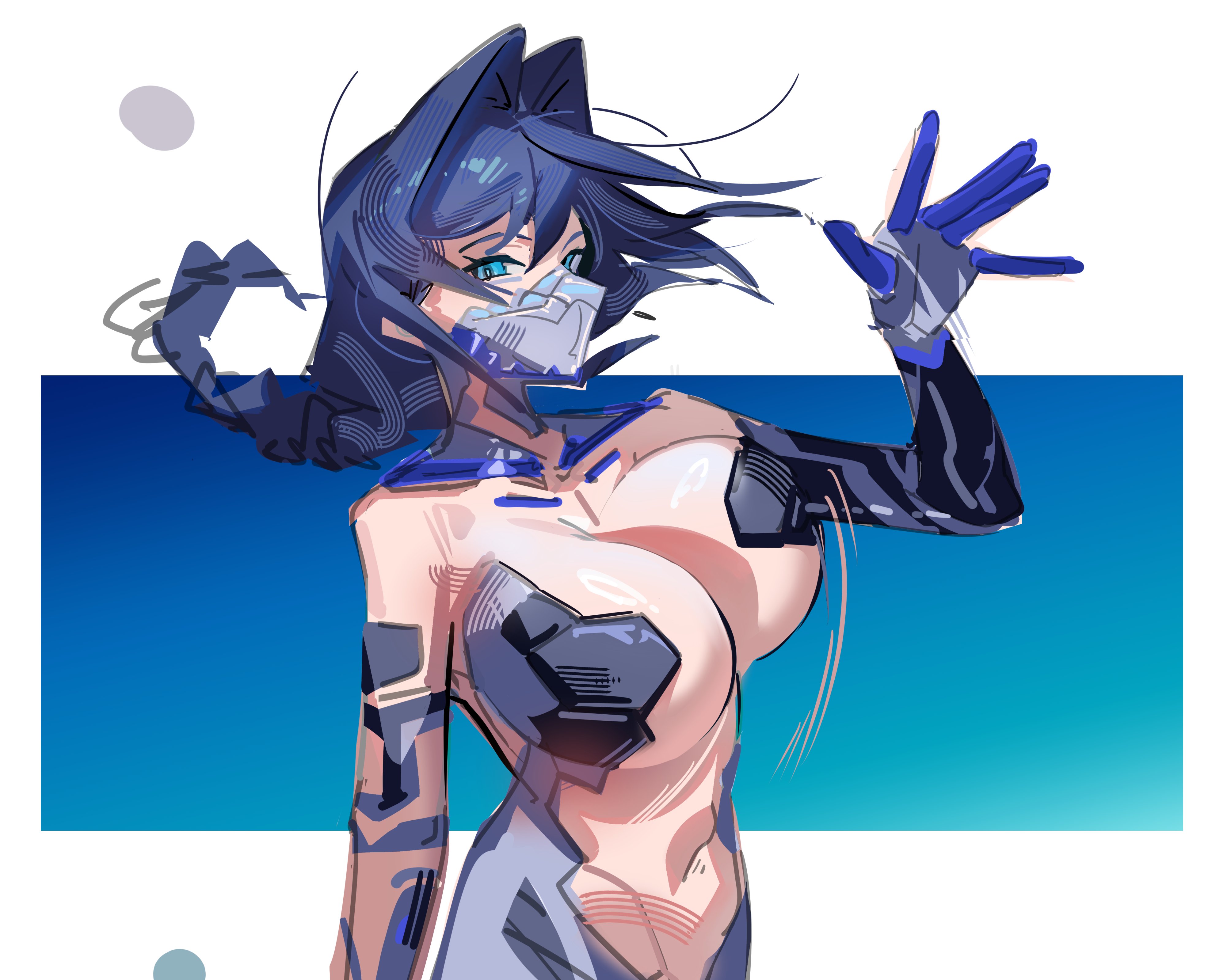 1girl, 2026, bangs, belly button, big breasts, blue background, blue eyes, blue hair, braided hair, cleavage, crossover, crossover cosplay, cyberpunk (series), cyberpunk: edgerunners, cyborg, dark hair, face mask, facemask, female, gradient background, hair vents, hololive, hololive english, large breasts, long hair, looking at viewer, mask, mouthplate, navel, old metal 666, ouro kronii, shaded, side view, solo, talia yang, virtual youtuber, vtuber, waving, white background