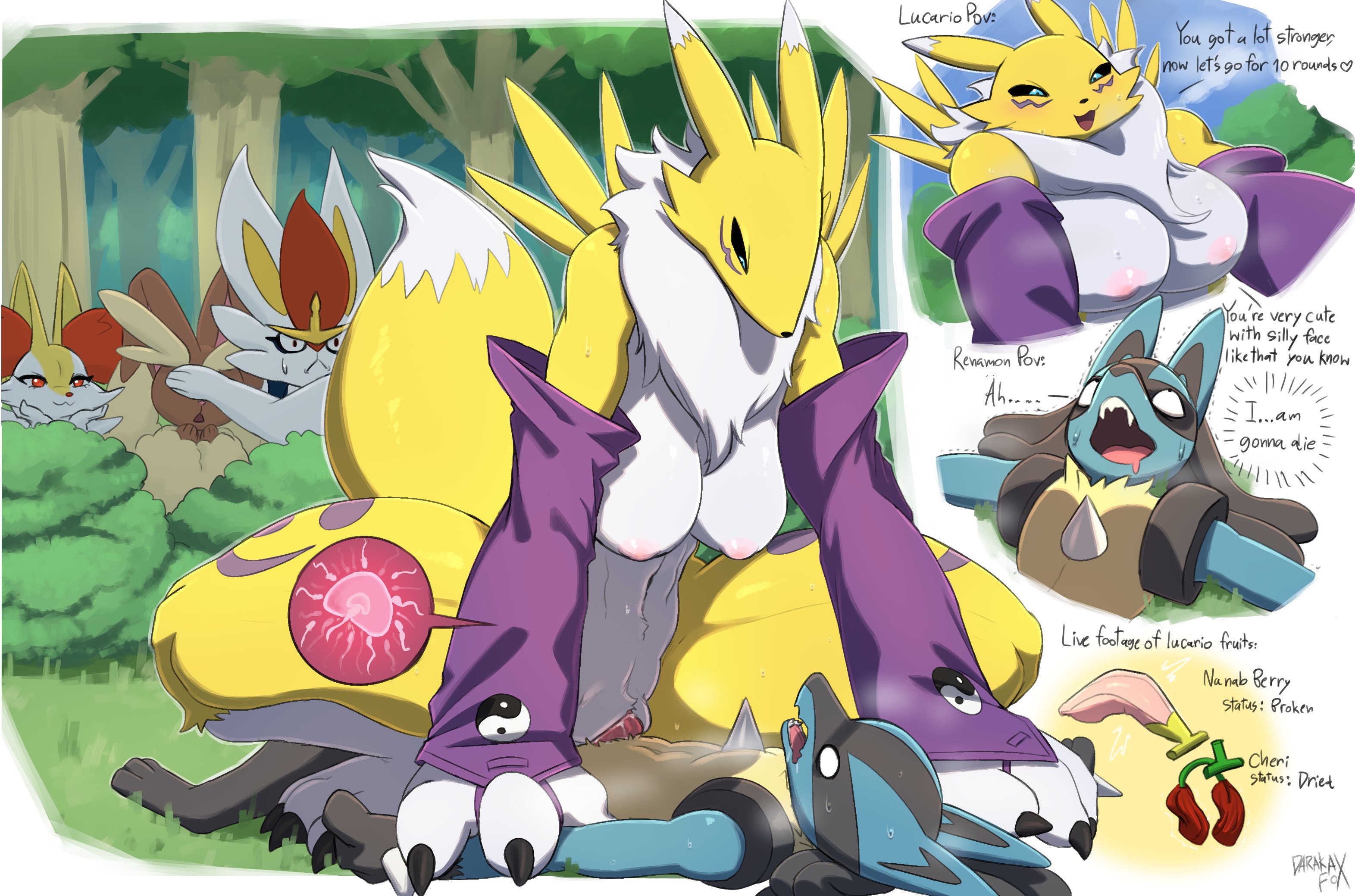 1boy, 1girls, 3 fingers, anthro, areolae, armwear, bandai namco, big breasts, black sclera, blue eyes, braixen, breasts, cinderace, covering eyes, cowgirl position, crossover, cum, cum in pussy, cum inside, darakafox, detailed background, dialogue, digimon, digimon (species), drool, english text, eyes rolling back, female, femdom, furry, generation 4 pokemon, generation 6 pokemon, generation 8 pokemon, impregnation, interspecies, interspecies pregnancy, lopunny, lucario, male, malesub, mammal, nintendo, open mouth, penetration, penis, pinned, pinned down, pokemon, pokemon (species), pussy, renamon, sex, smile, snout, sweat, text, thick thighs, vaginal, vaginal penetration, very high resolution, voyeur, voyeurism