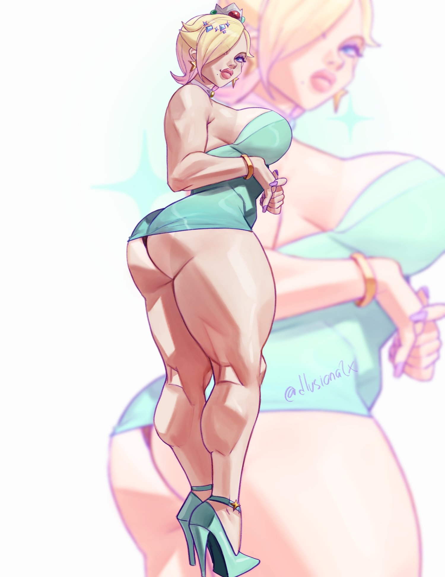 1girls, armwear, ass, big ass, big breasts, bimbo, blonde hair, blue dress, blue eyes, bracelet, breasts, choker, crown, dlusional, dress, ear piercing, earrings, eyeshadow, female, female only, footwear, full body, hair, hair over one eye, headwear, heels, high heels, lips, mario (series), mole, mole under mouth, nail polish, nails, neckwear, nintendo, parted lips, platform heels, princess rosalina, purple nail polish, purple nails, short hair, side view, sideboob, solo, solo female, star, star earrings, thick lips, thick thighs, thighs, thunder thighs