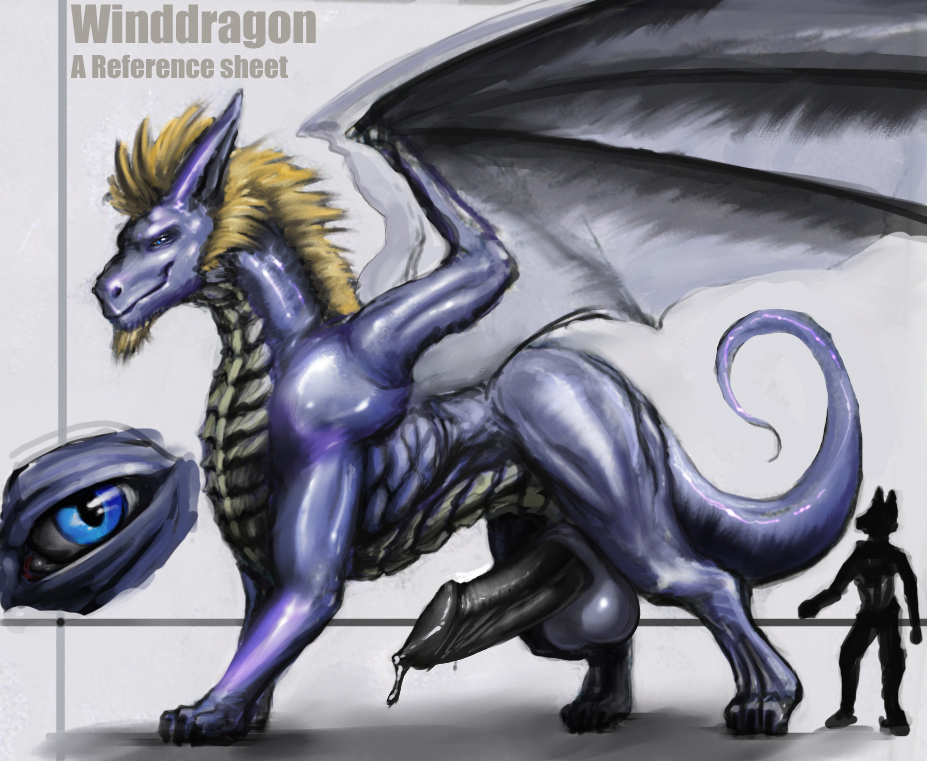 2014 balls black_penis blonde_hair blue_eyes claws dragon erection feral hair horn male membranous_wings model_sheet nude penis precum purple_scales scales scalie simple_background smile solo western_dragon winddragon wings