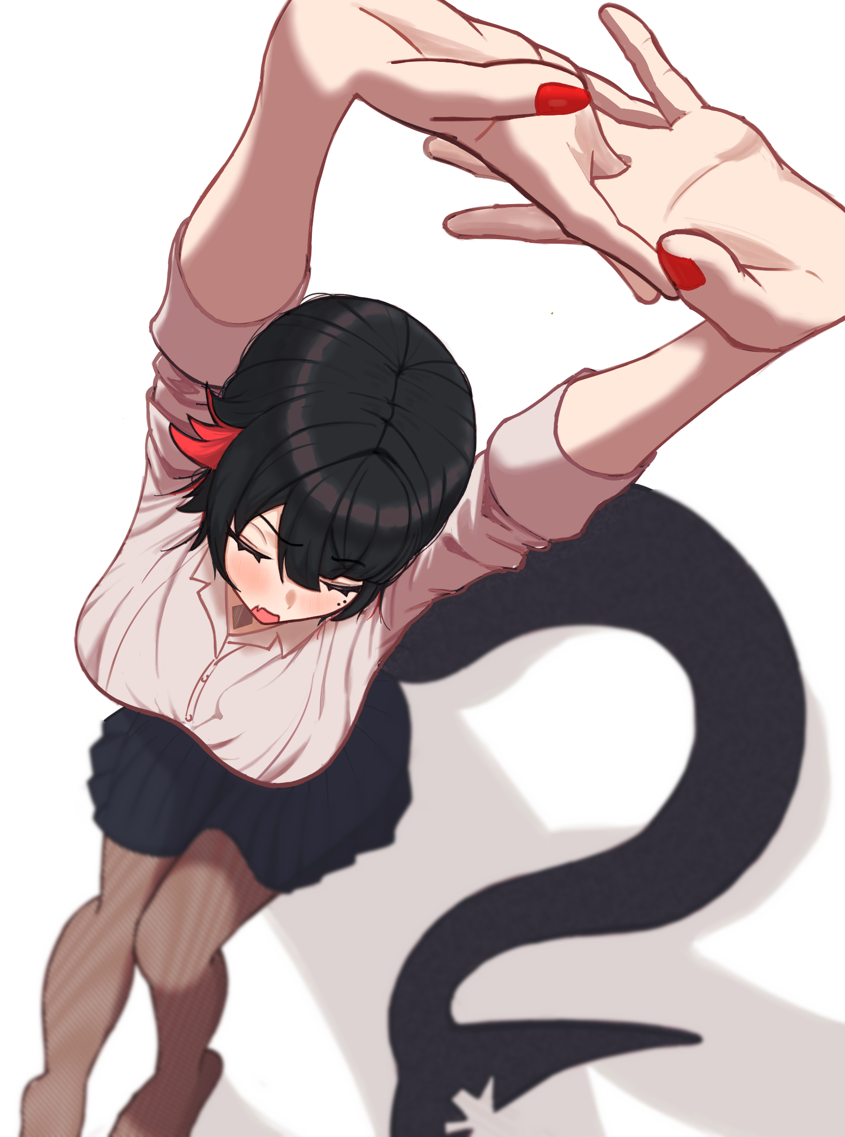 1girl, arms up, black hair, black pantyhose, blush, breasts, closed eyes, colored inner hair, colored nails, commentary request, ellen joe, ellen joe (on campus), fins, fish tail, from above, highres, large breasts, mole, mole under eye, multicolored hair, official alternate costume, open mouth, painted nails, pantyhose, red hair, red nails, shadow, shark girl, shark tail, shirt, short hair, sitting, skirt, solo, stretching, tail, white shirt, zenless zone zero