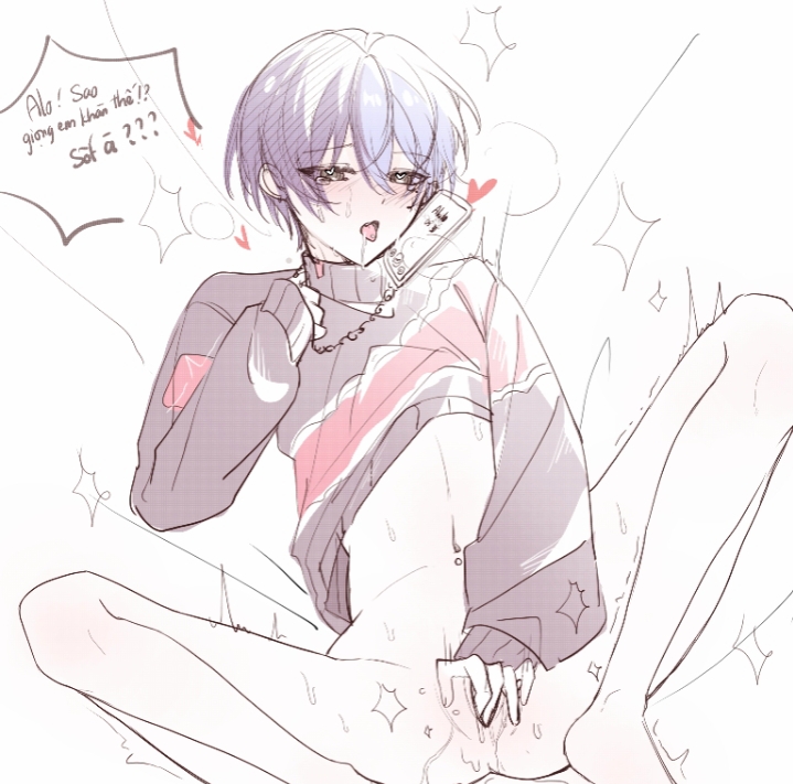 aoyagi touya, blue hair, blushed face, blushing, cellphone, colored, cuntboy, cuntboy focus, cuntboy only, feeling pleasured, fingering male, fingering self, legs apart, masturbation, pantless, phone call, phone sex, project sekai, sweater, talking to partner, touching pussy, two-tone hair
