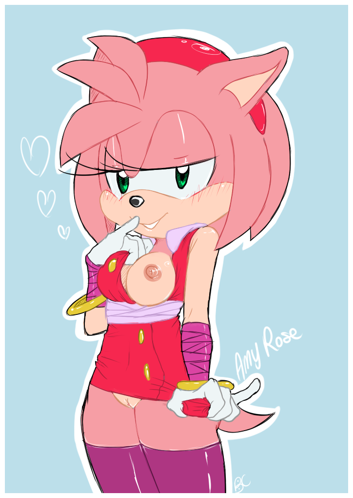 amy_rose amy_rose_(boom) anthro areola bluechika blush breasts clothing female gloves hair heart looking_at_viewer nipples pink_hair pussy simple_background smile solo sonic_(series) sonic_boom teasing undressing video_games