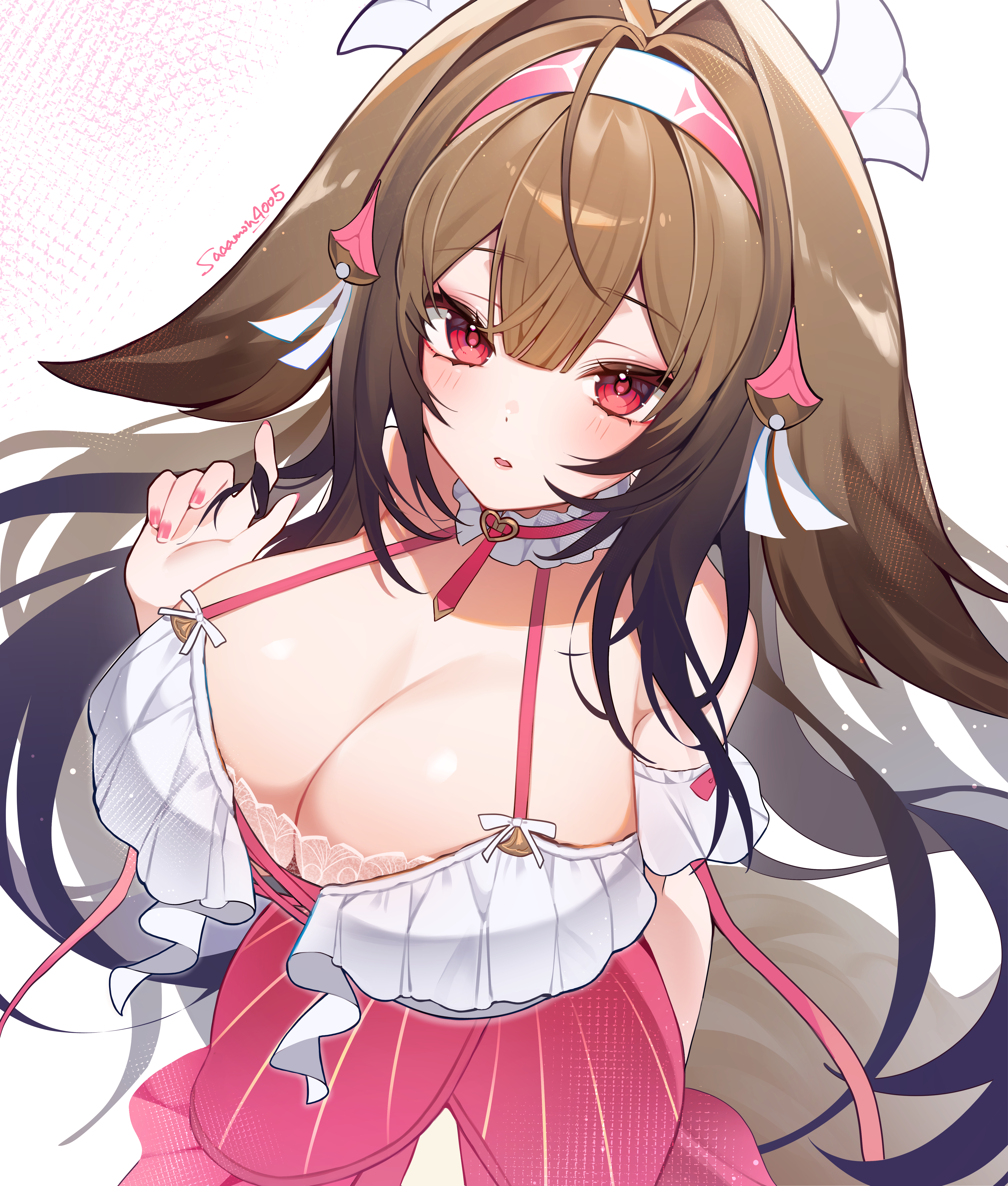 1girl, absurdres, animal ears, armband, bare shoulders, blush, bra, breasts, brown hair, cleavage, collar, commentary request, droopy ears, fingernails, fluffy tail, frilled armband, frilled collar, frills, from above, hair between eyes, hair intakes, hair ornament, hairband, highres, lace, lace bra, large breasts, long hair, looking at viewer, looking up, nail polish, pink hairband, pink nails, pink skirt, playing with own hair, red eyes, red skirt, skirt, tail, underwear, white armband, white collar, ye shunguang, ye shunguang (touch of dawnlight), zenless zone zero