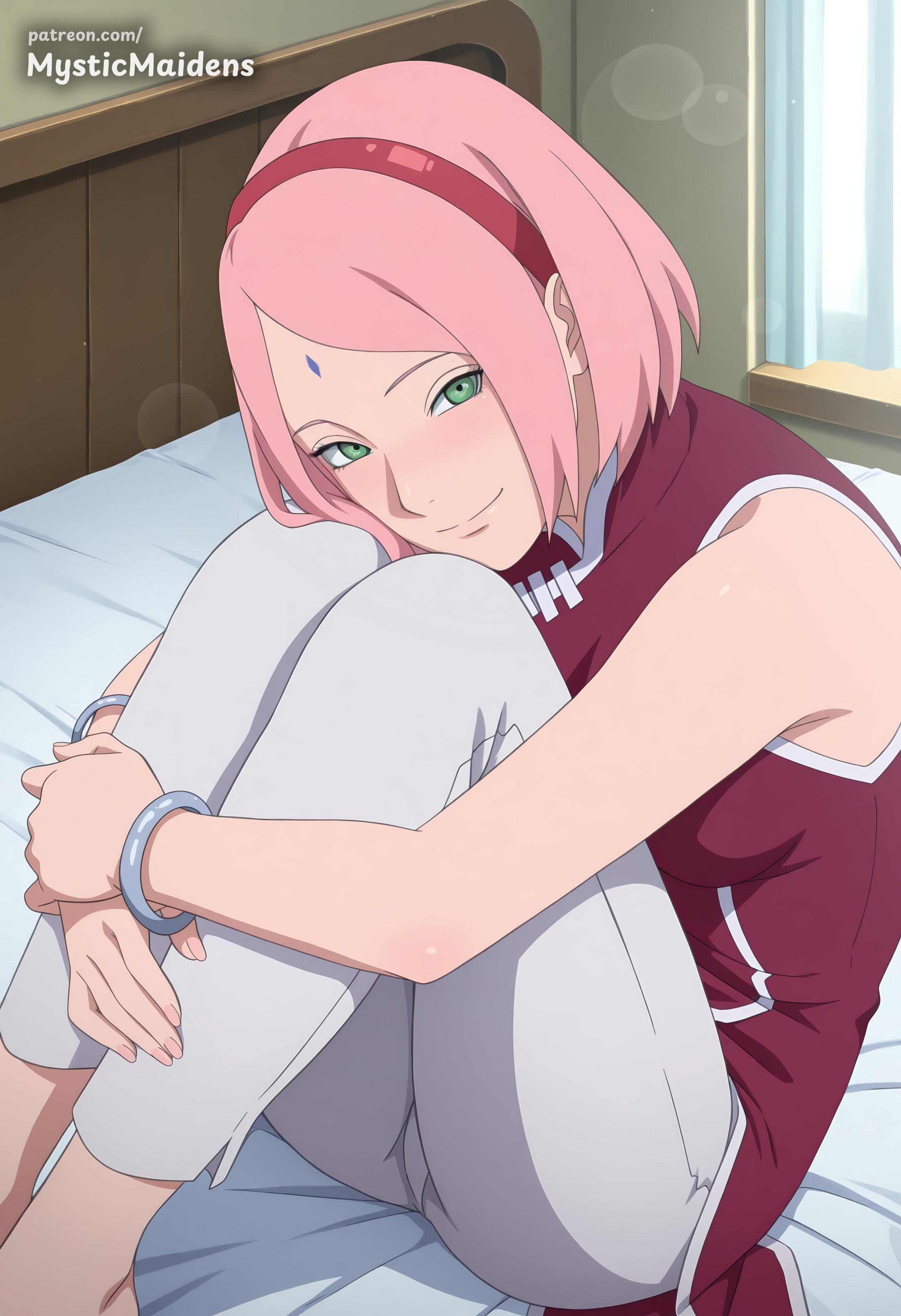 1girl, ai generated, anime, anime style, artist name, bed, blush, boruto, boruto: naruto next generations, bracelet, breasts, closed mouth, facial mark, fanbox username, forehead mark, green eyes, hairband, haruno sakura, hentai, hi res, hugging own legs, indoors, jewelry, looking at viewer, medium breasts, mystic maidens, naruto, naruto (classic), naruto (series), naruto shippuden, on bed, pants, patreon, patreon username, pink hair, red hairband, sakura haruno, short hair, sitting, sleeveless, smile, solo, white pants