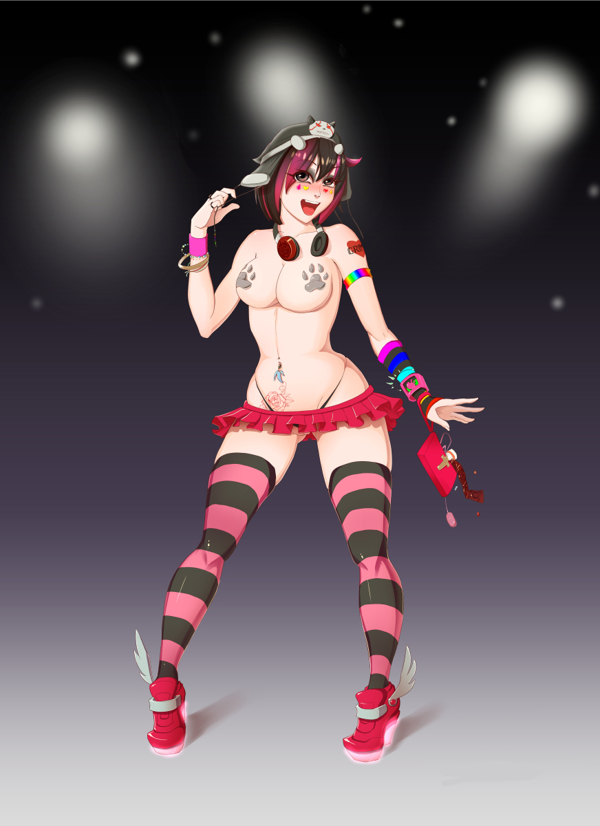 beanie black_hair breasts condom female headphones multicolored_hair navel panties piercing pink_hair purse ruby_rose rwby shoes shonomi short_hair silver_eyes stockings tattoo