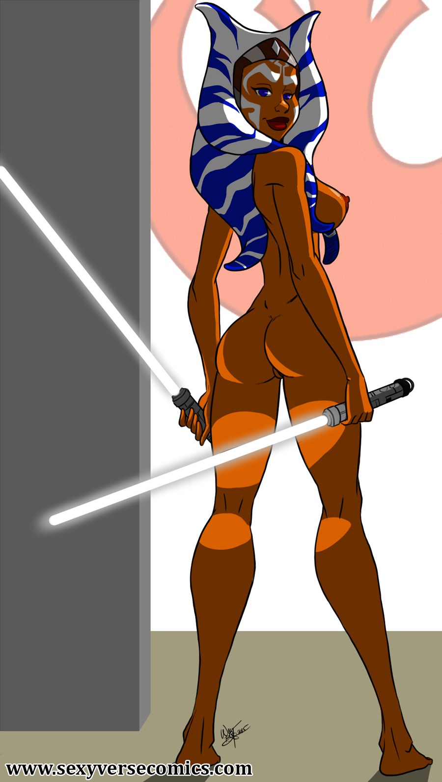 aeolus06, aged up, ahsoka tano, alien, alien girl, areola, ass, back view, blue eyes, breasts, casual, completely nude, dark skin, dimples of venus, dual wielding, facial markings, female, female only, hairless pussy, half-closed eyes, kneepits, large breasts, lightsaber, looking back, nipples, nude, orange nipples, orange skin, puffy nipples, pussy, red lips, sideboob, signature, smile, solo, standing, star wars, star wars rebels, text, thick lips, togruta, weapon, white lightsaber