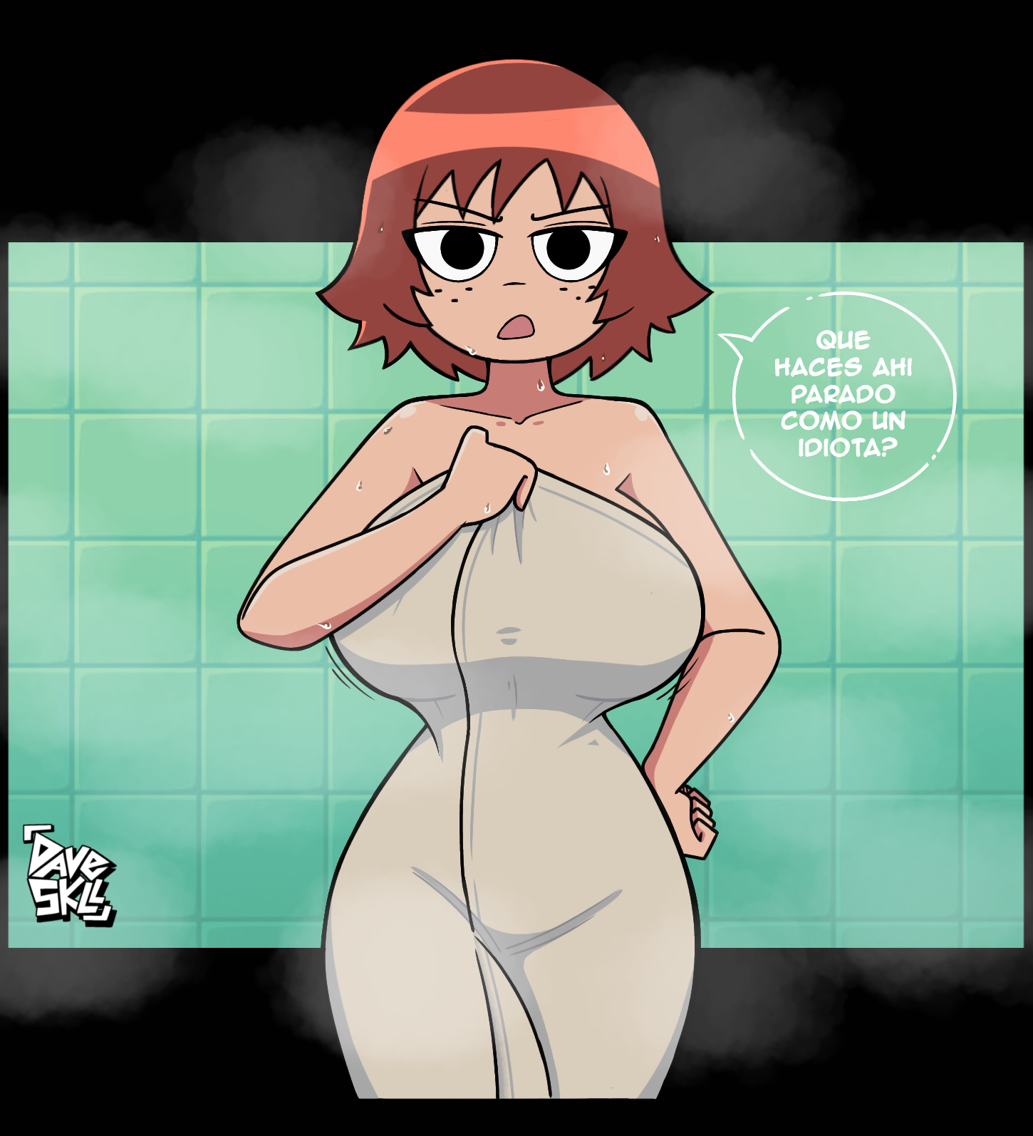 after bath, angry face, auburn hair, bathroom, big boobs, big breasts, daveskll, kim pine, red hair, scott pilgrim, scott pilgrim takes off, tagme, text, text bubble, towel, vapor