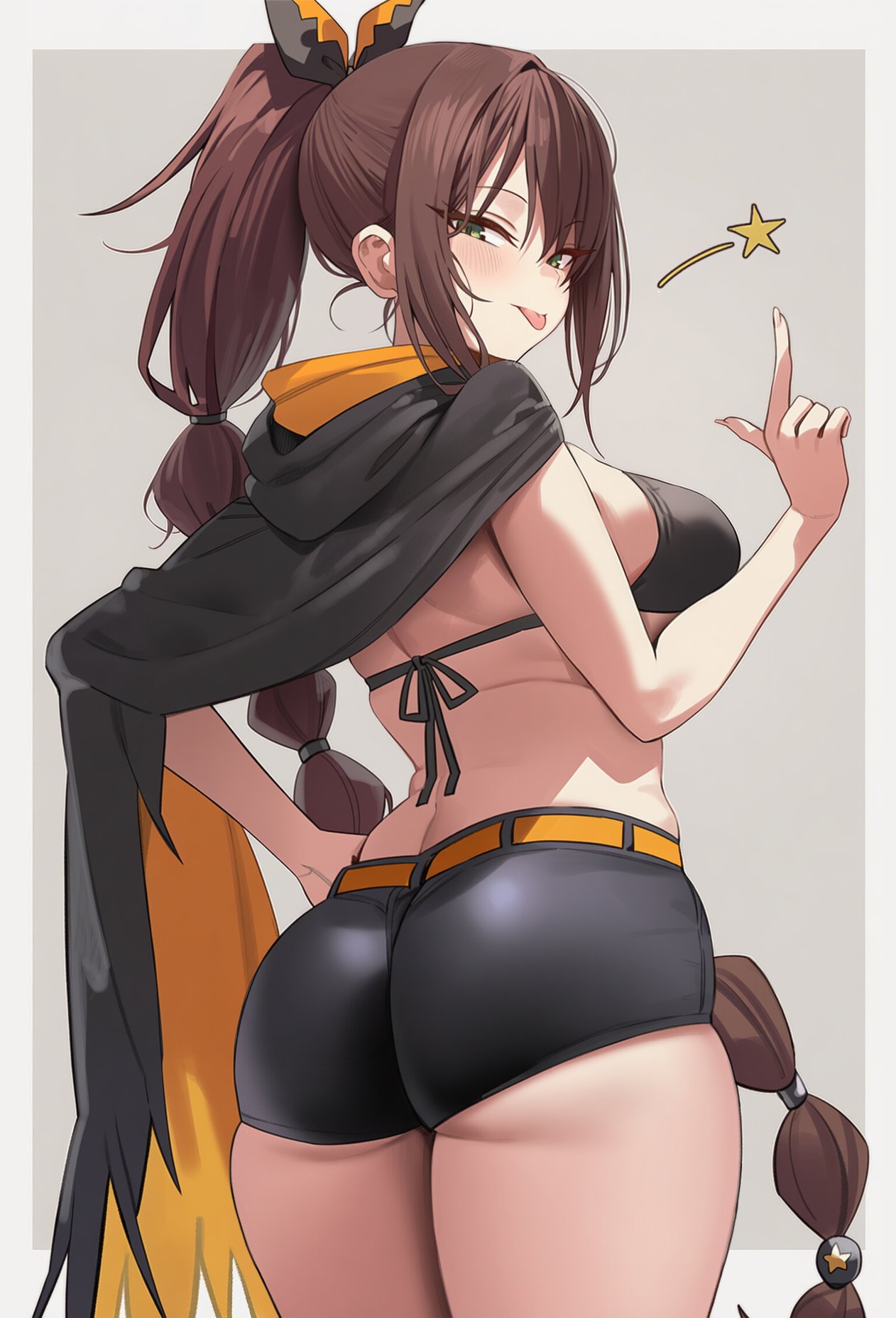 1girl, 1girls, ai generated, ass, ass focus, big ass, big boobs, big breasts, big thighs, bikini, bikini top, black cape, blush, blushing, boobs, bow, bow ribbon, bra, breasts, brown hair, busty female, cape, fring853, looking at viewer, looking back, ponytail, re:zero kara hajimeru isekai seikatsu, ribbon, shaula (re:zero), shorts, solo female, star, star symbol, thighs, tight shorts, tounge out