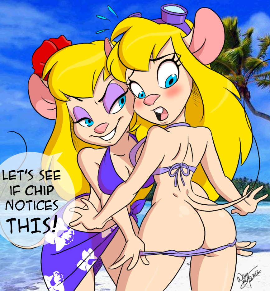 2girls aeolus06 anthro ass assisted_exposure beach big_ass bikini bikini_top blonde_hair blue_eyes blush breasts chip_'n_dale_rescue_rangers dat_ass dimples_of_venus disney duo english_text eyelashes eyeshadow female female_only flower flying_sweatdrops furry gadget_hackwrench goggles hair_flower lahwhinie large_breasts long_hair makeup mammal mouse multiple_females open_mouth outdoors palm_tree panties_down panty_pull pink_nose purple_bikini rodent sarong seaside sideboob signature speech_bubble standing surprised tail text wide_hips yuri