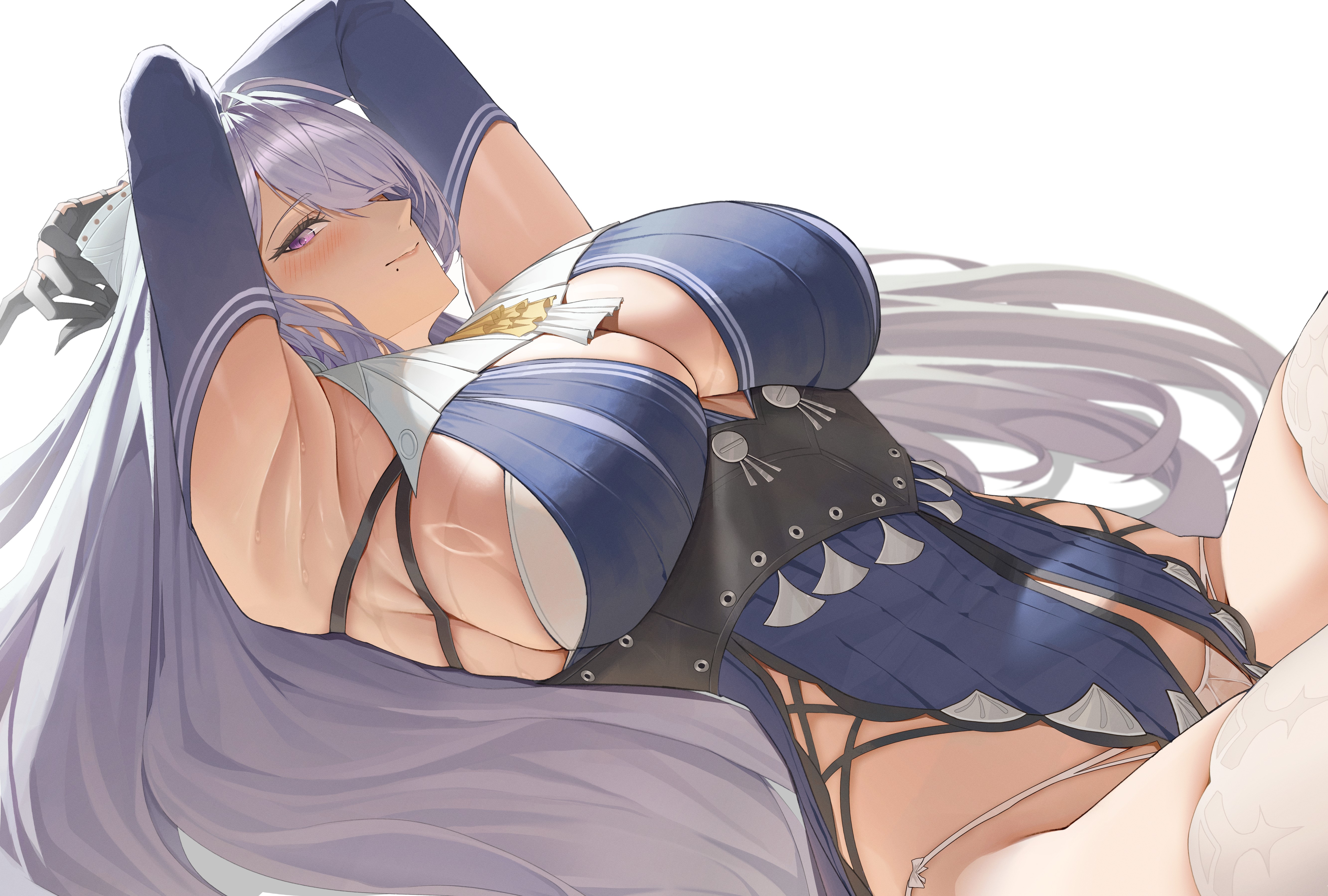 1girl, absurdres, armpits, blue dress, breasts, chco, commentary request, dress, from side, grey hair, highres, huge breasts, large breasts, long hair, looking at viewer, lying, mole, mole under eye, on back, panties, purple eyes, sideboob, simple background, solo, thighhighs, thighs, underwear, velina airgid, very long hair, white background, white panties, white thighhighs, zenless zone zero