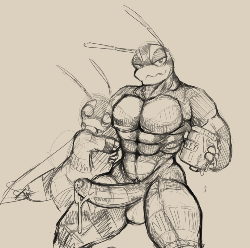 abs alien antennae anthro arm_hug arthropod balls bee cum cum_drip daftpatriot dripping duo erection front_view grin holding_object humanoid_penis insects jar looking_at_viewer male monochrome naughty_face partially_retracted_foreskin pecs penis size_difference smug uncut yaoi