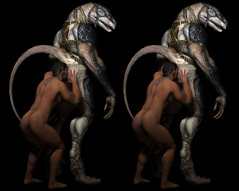 3d anal anthro armor ass black_background blue_eyes clothed clothing color cross_stereogram duo hair hand_on_ass human looking_back male mammal nude oral partially_clothed raised_tail rimming scalie sharp_teeth simple_background standing stereogram tattoo teeth unknown_artist yaoi