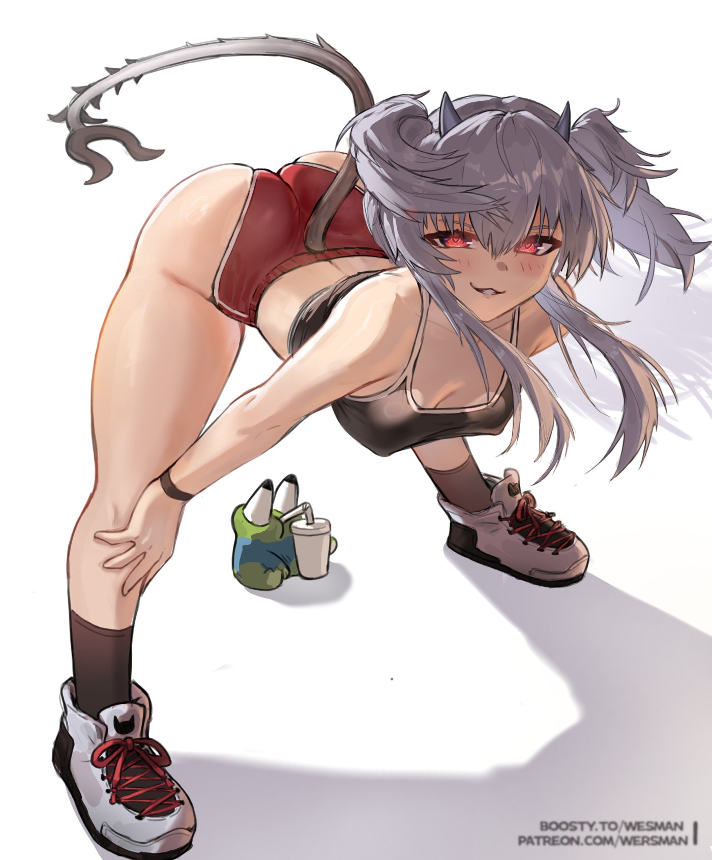 1girls, artist name, ass, bedroom eyes, bent over, black topwear, blush, booba (meme), breasts, bubble ass, bubble butt, cleavage, covered erect nipples, covered nipples, curvy, curvy body, curvy female, demon, demon girl, demon horns, demon tail, female, female only, gym clothes, heart-shaped pupils, highres, horns, indie virtual youtuber, leaning forward, long hair, lucy pyre, nipple bulge, nipples visible through clothing, pepe the frog, red eyes, red shorts, seductive, seductive look, shoes, shorts, simple background, skindentation, smile, sneakers, solo, solo female, solo focus, sports bra, symbol-shaped pupils, tail, tank top, thick thighs, twintails, virtual youtuber, voluptuous, voluptuous body, voluptuous female, wersman, white hair