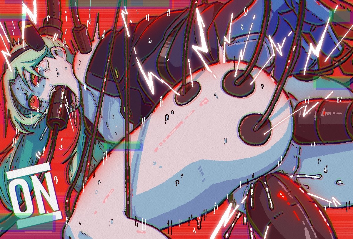 1girl, ahegao, blue skin, bottomless, colored sclera, colored skin, commentary, cyberpunk (series), cyberpunk: edgerunners, dildo, double insertion, english commentary, english text, female, female only, flat chest, forced, fucked silly, green hair, mark gavatino, mouth insertion, object insertion, rebecca (cyberpunk), red sclera, restrained, sex toy, solo, spread legs, sweat, triple penetration, twintails, vaginal, vaginal object insertion