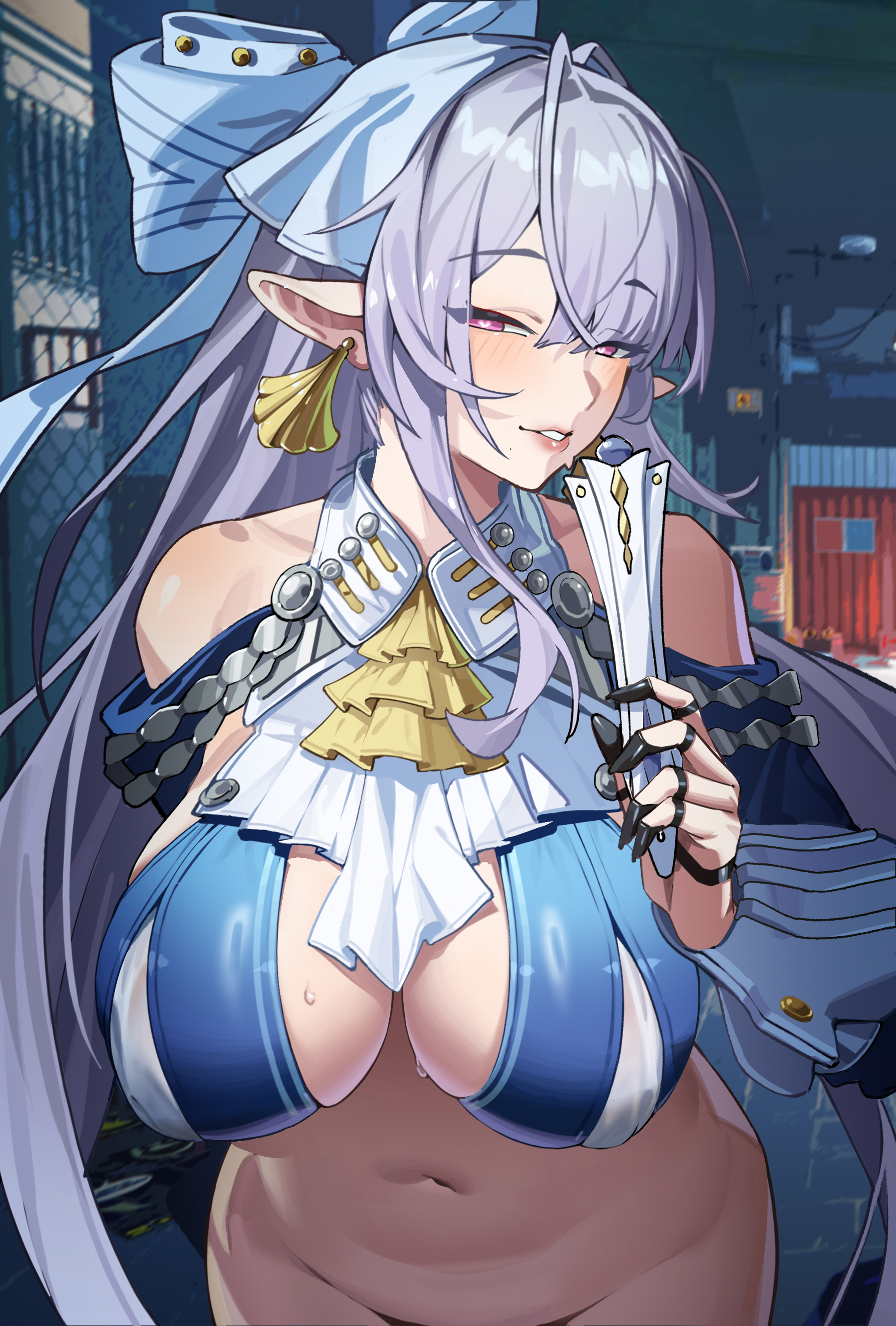 1girl, absurdres, ascot, bare shoulders, bedroom eyes, big breasts, bottomless, breasts, commentary request, earrings, grey hair, half-closed eyes, hand fan, heart, heart-shaped pupils, highres, holding, holding fan, jewelry, large breasts, long hair, long nails, looking at viewer, mole, mole under mouth, navel, no panties, parted lips, pointy ears, purple eyes, seductive look, smile, solo, symbol-shaped pupils, velina airgid, yellow ascot, zenless zone zero
