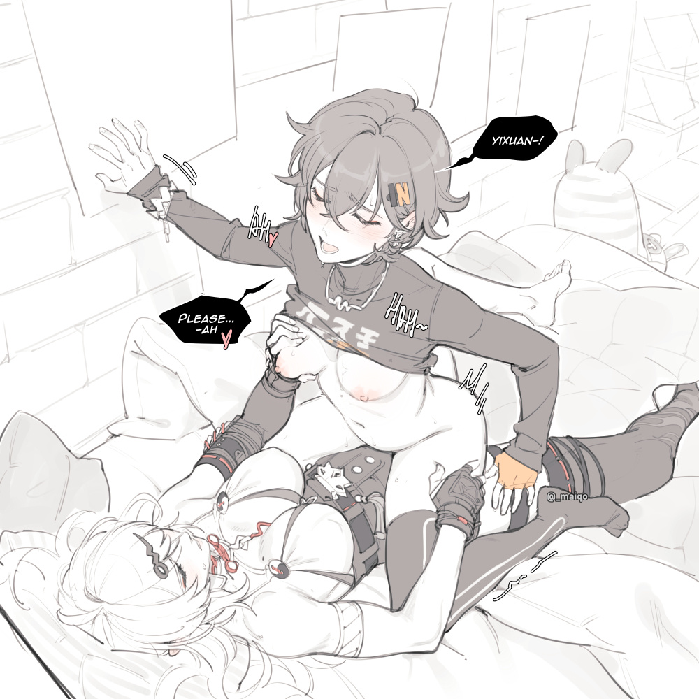 2girls, belle (zenless zone zero), boobs out, grabbing breasts, maiqo, partially clothed, riding, tagme, yixuan (zenless zone zero), yuri, zenless zone zero