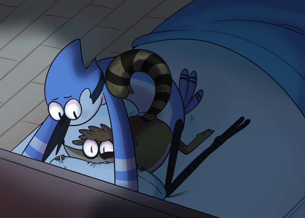 anal anal_sex anthro avian babynarwhal bed bird biting_pillow cartoon_network duo male male_only mammal mordecai penetration raccoon regular_show rigby yaoi