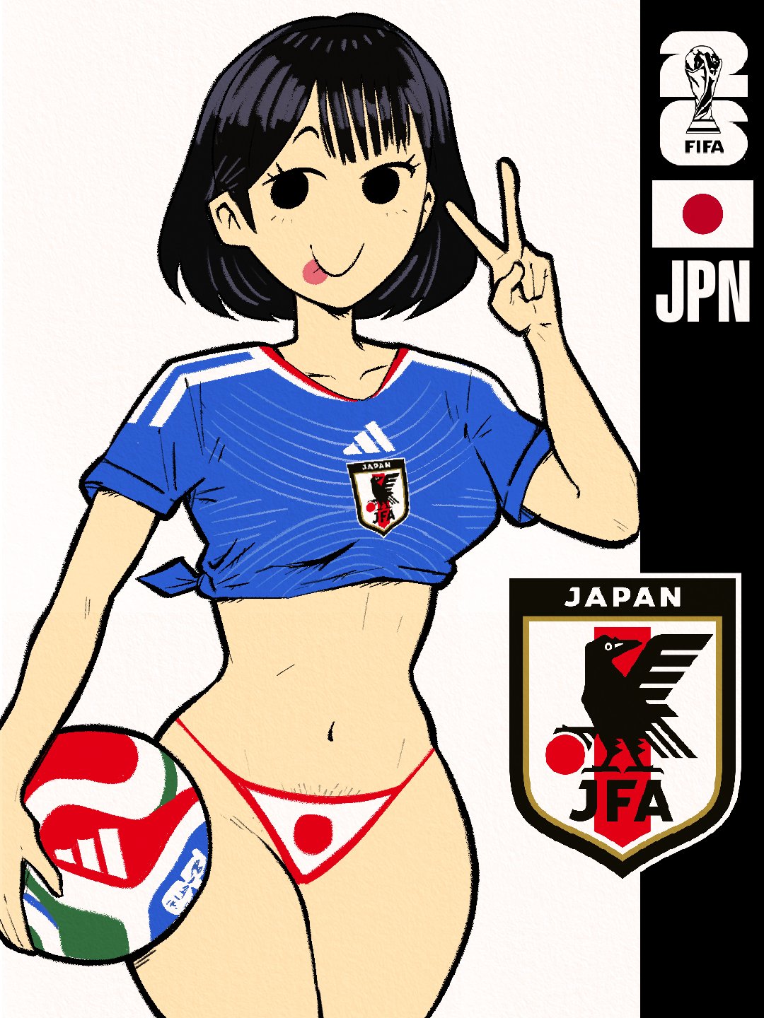 1girls, atomiksaico, ball, black hair, black pubic hair, blue shirt, highres, japan, japanese (nationality), japanese flag, light-skinned female, national personification, navel, original, original character, pubic hair, pubic hair peek, shirt, short hair, simple background, soccer ball, soccer uniform, solo, sportswear, thong, tongue, tongue out, v, world cup