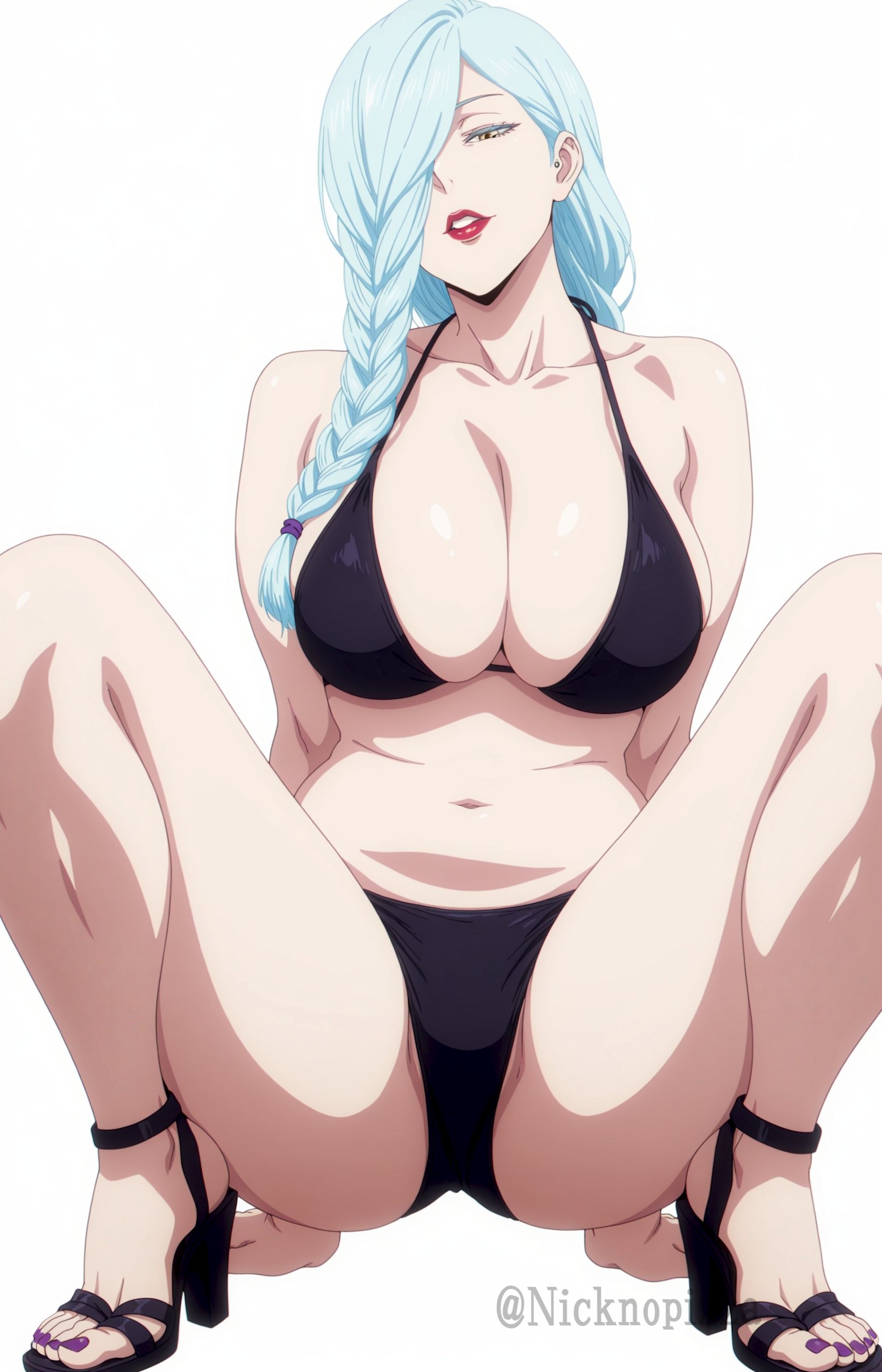 1girls, ai generated, bare legs, bare shoulders, barefoot, big breasts, bikini, bikini bottom, bikini top, braid, braided hair, braided ponytail, breasts, brown eyes, crouching, crouching female, curvaceous, curvy, curvy body, curvy female, curvy figure, eyelashes, feet, female, female focus, female only, fingernails, full body, hair over one eye, half-closed eyes, high heels, high resolution, huge breasts, jujutsu kaisen, large breasts, leaning back, lipstick, long hair, looking at viewer, makeup, mature, mature female, mei mei (jujutsu kaisen), midriff, milf, nail polish, narrowed eyes, navel, nicknopizza, o-ring, o-ring bikini, pinup, plain background, pose, posing for the viewer, sagging breasts, shiny skin, simple background, sitting, smile, solo, spread legs, swimsuit, thick thighs, thighs, toenail polish, toes, url, very long hair, voluptuous, voluptuous female, watermark, web address, white background, white hair, white skin, wide hips