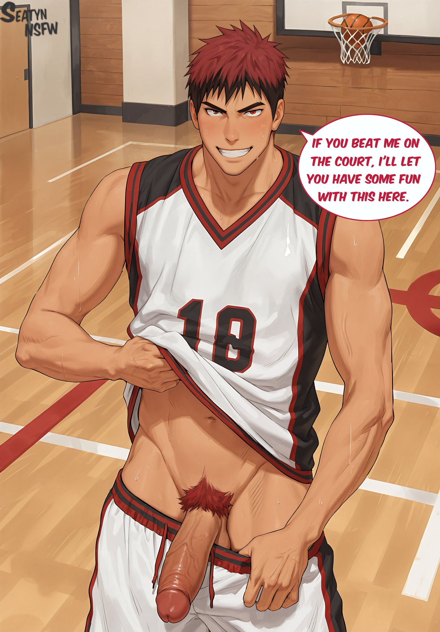 ai generated, basketball uniform, big penis, gay, hard cock, kuroko no basuke, kuroko's basketball, male, male only, muscular, naughty face, pubic hair, seatyn nsfw, shirt lift, shorts pull, sports shorts, sports uniform, taiga kagami, tall male, veiny penis